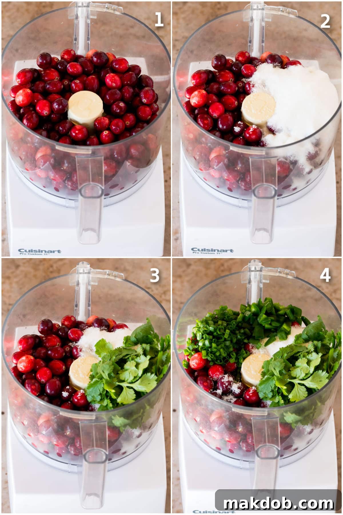 Fresh cranberries, cilantro, chopped jalapeno, and granulated sugar being added to the bowl of a food processor, ready for blending.