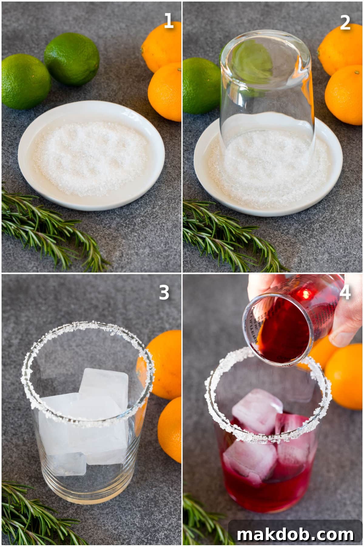Jingle Bell Margarita 4 The process of preparing a Christmas Margarita, showing a glass being dipped in a sugar-salt rim, and ice being added.