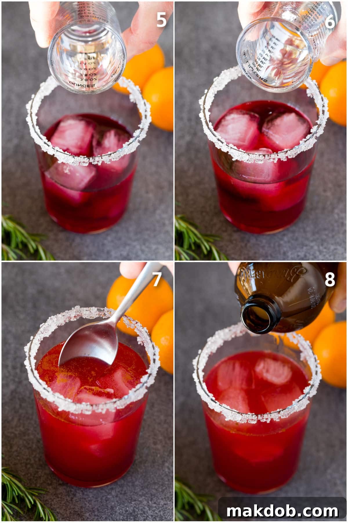 Jingle Bell Margarita 5 The process of mixing a Christmas Margarita, showing various juices and ginger beer being poured into an ice-filled glass and gently stirred.