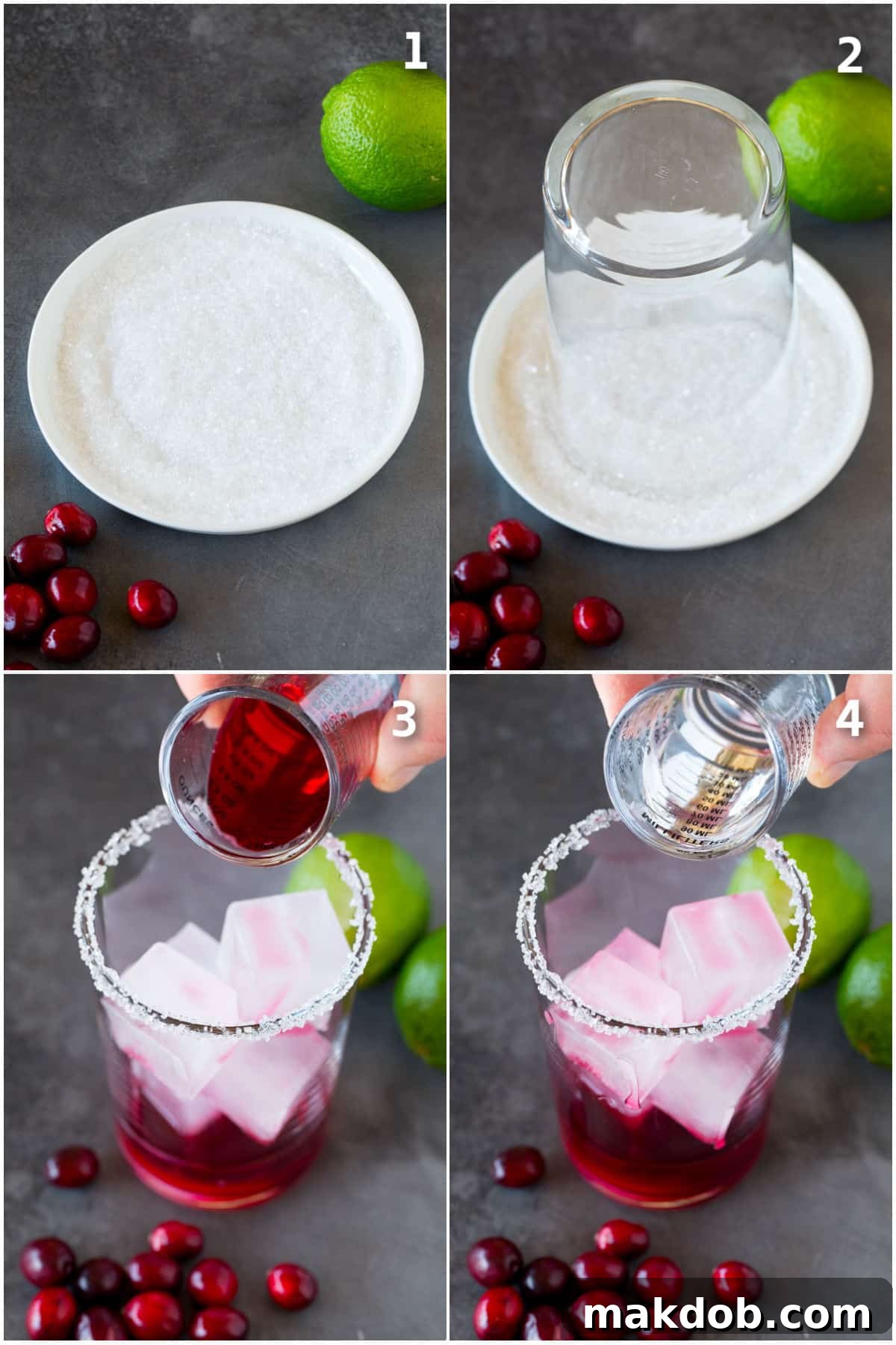 A glass being dipped in sugar and salt, then filled with ice and juice.