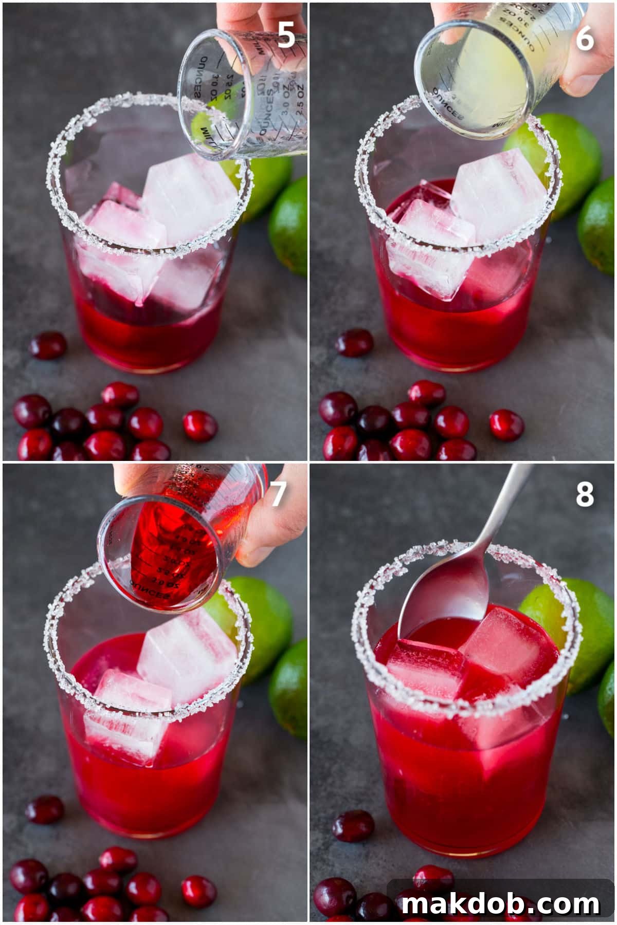 Liquor and grenadine being poured into a cocktail.