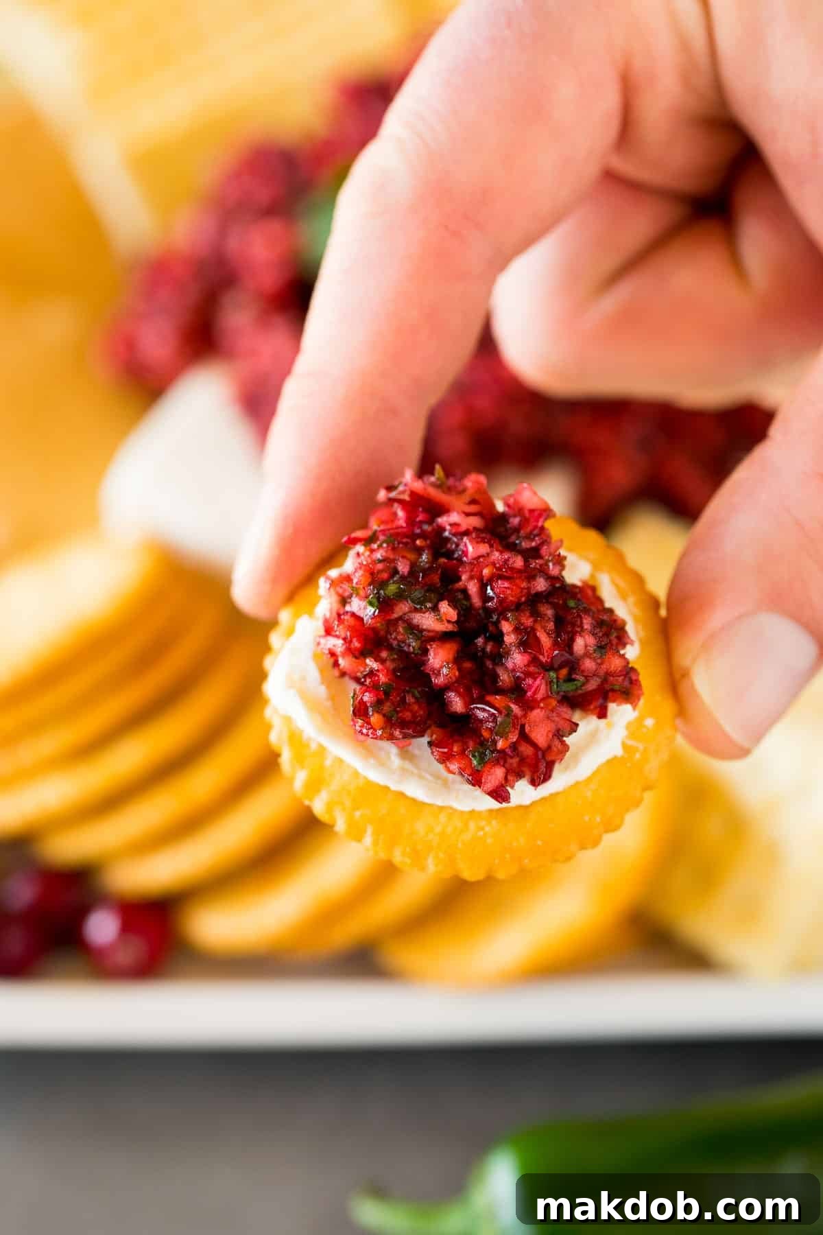 A hand holding a cracker topped with cranberry jalapeno dip.