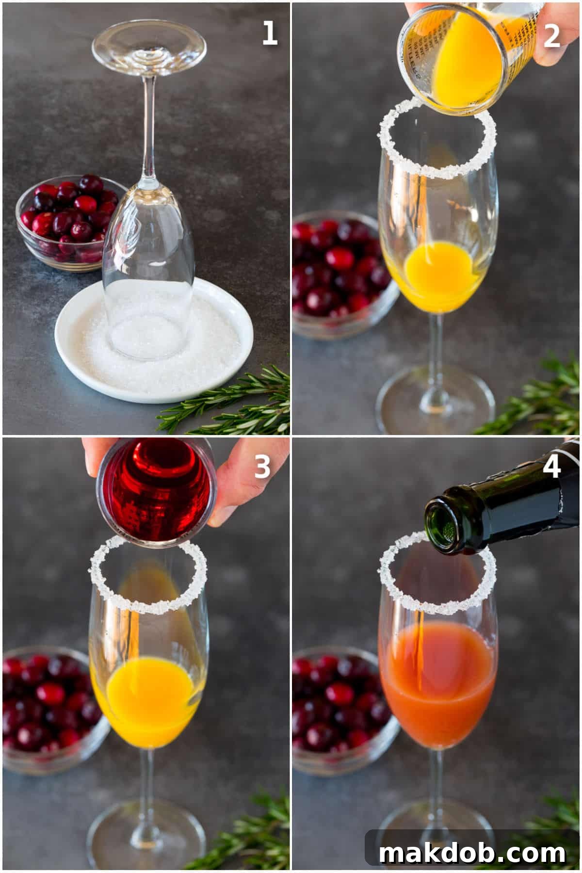 Ruby Fizz 4 A champagne glass rim coated in sugar, and juices and champagne being poured into the glass.