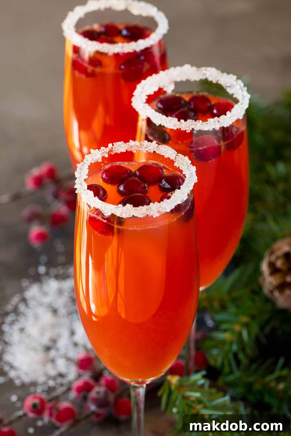 Ruby Fizz 5 Glasses with a sugar rim, drink and a garnish.
