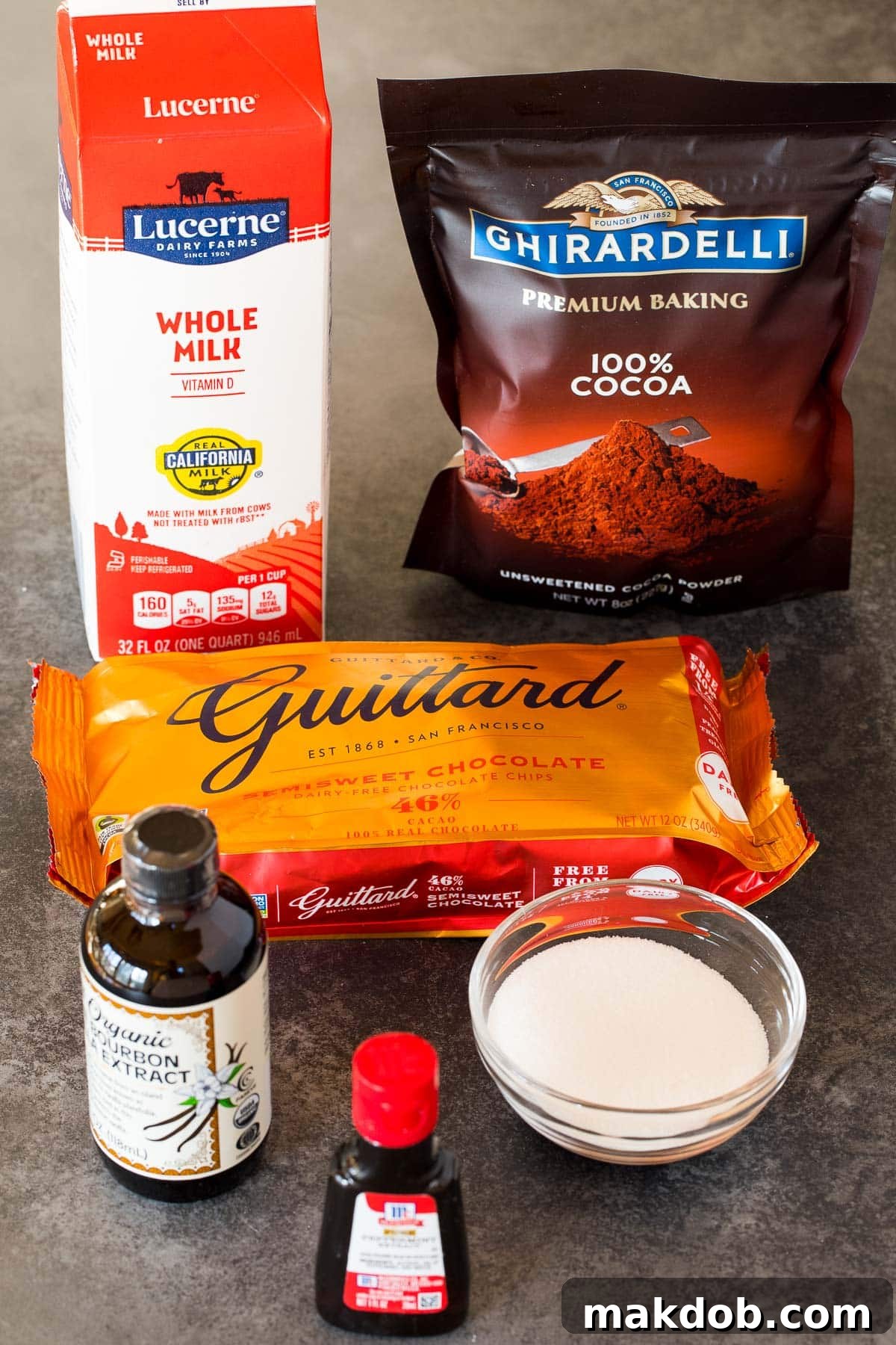 Peppermint Cocoa Bliss 3 Ingredients including chocolate chips, peppermint extract, milk, sugar and cocoa powder.