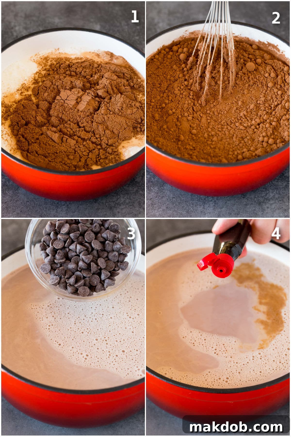 Peppermint Cocoa Bliss 4 Cocoa and sugar being whisked into milk with chocolate and extract added.