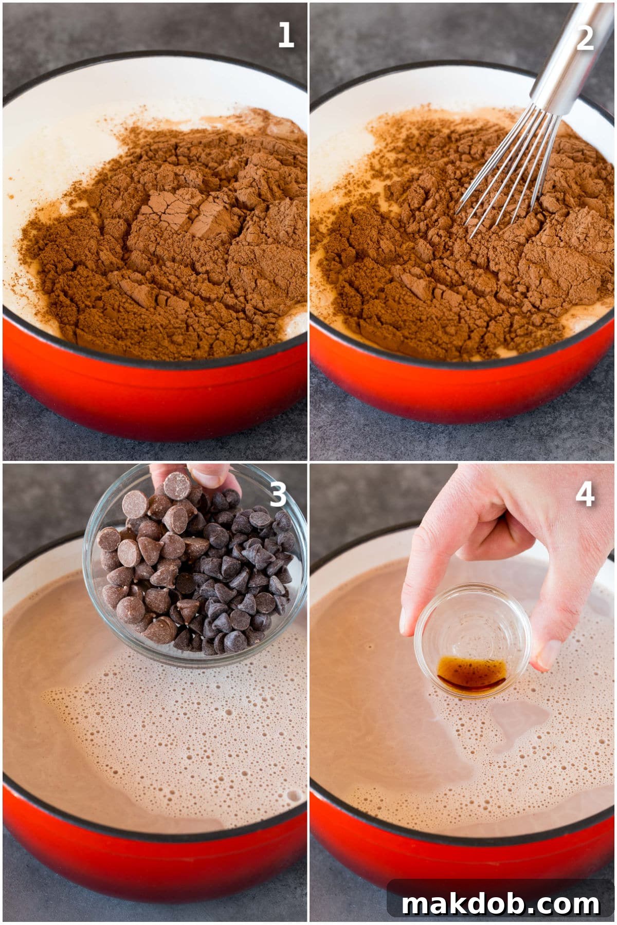 A collage showing the step-by-step process of making hot chocolate, including whisking cocoa powder into milk, adding chocolate and vanilla.