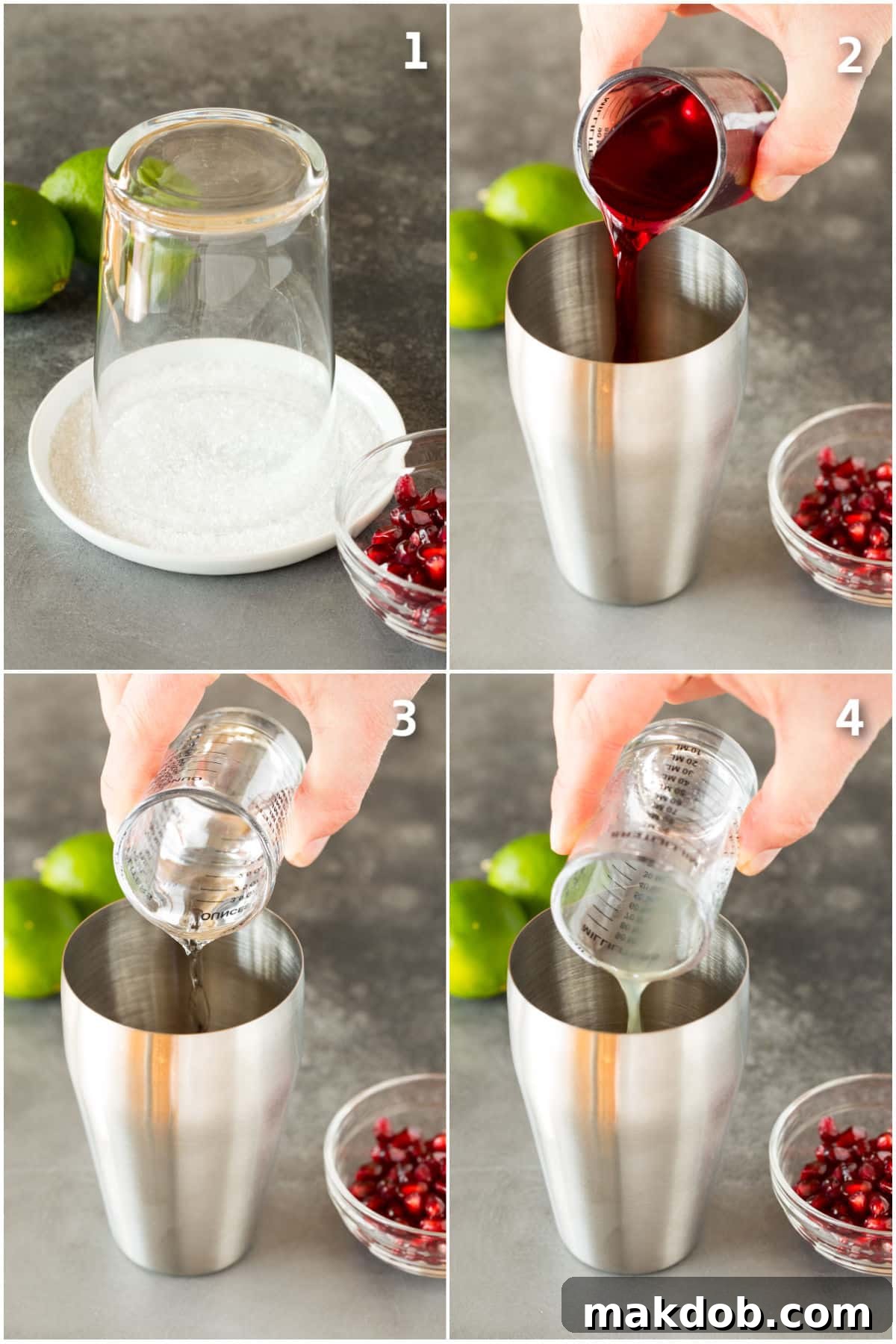 A collage showing the process of making a pomegranate margarita: rimming a glass with sugar, pouring ingredients into a shaker.
