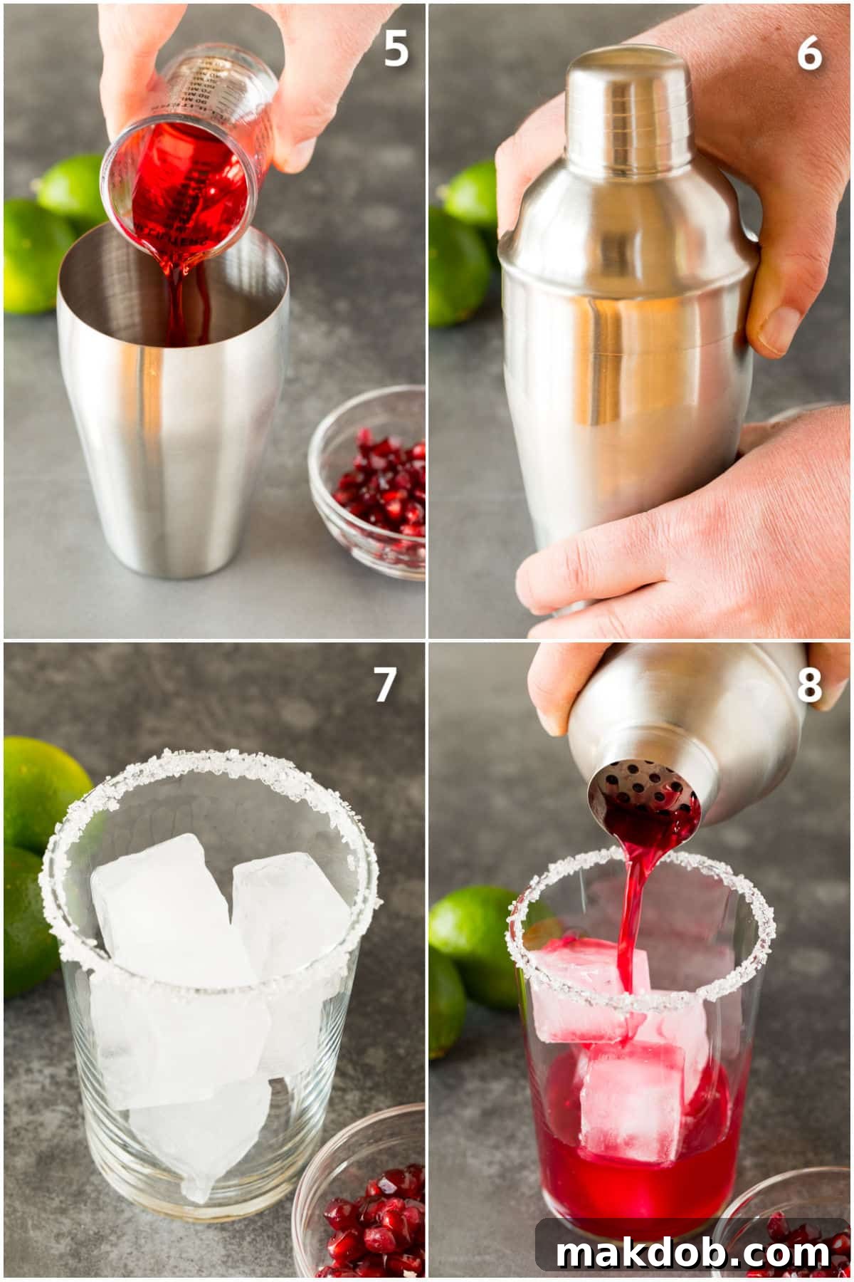 A collage showing the process of making a pomegranate margarita: shaking ingredients and pouring into an ice-filled glass.