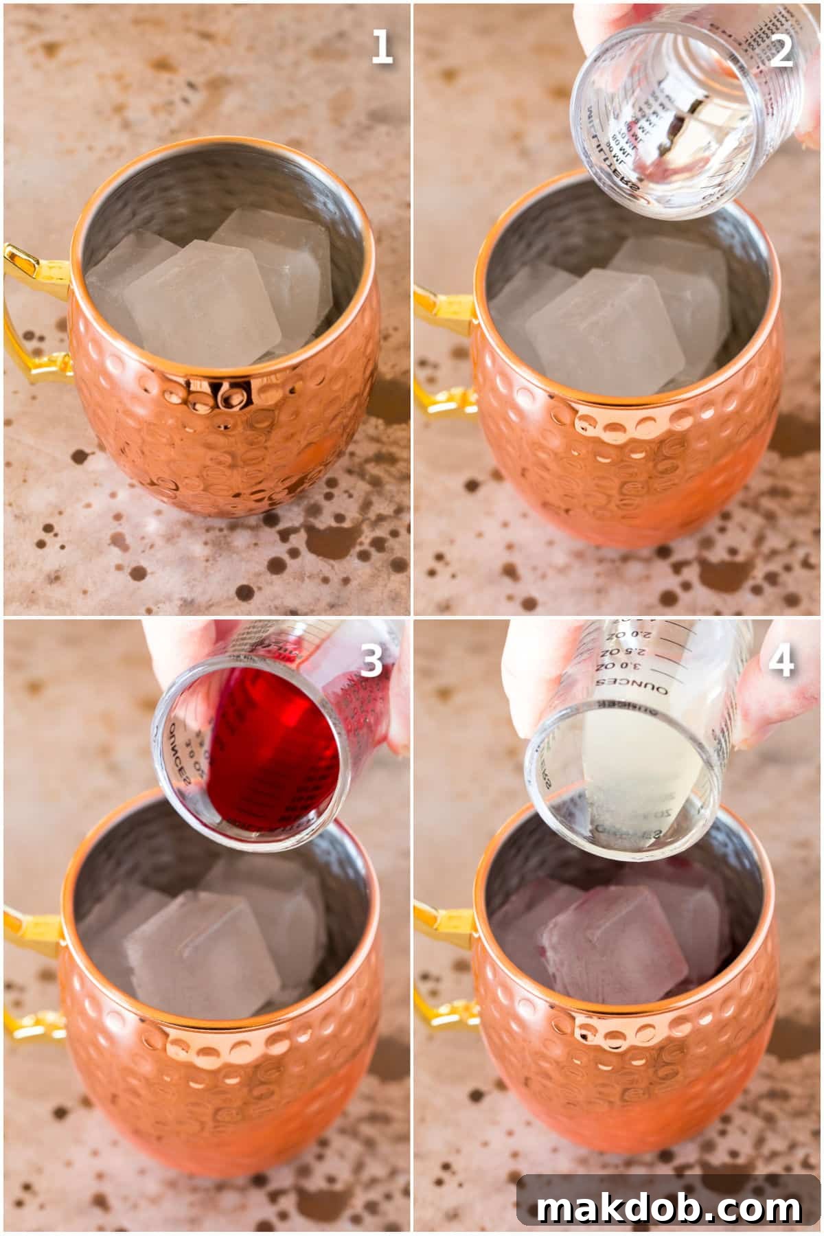Ice, vodka, cranberry juice and lime juice being added to a mug.