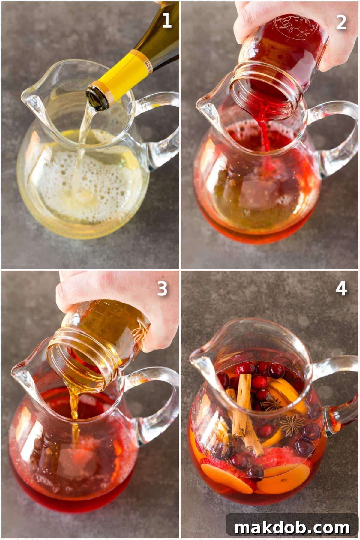 Jolly Christmas Sangria 4 Wine, juice and brandy being poured into a glass pitcher.