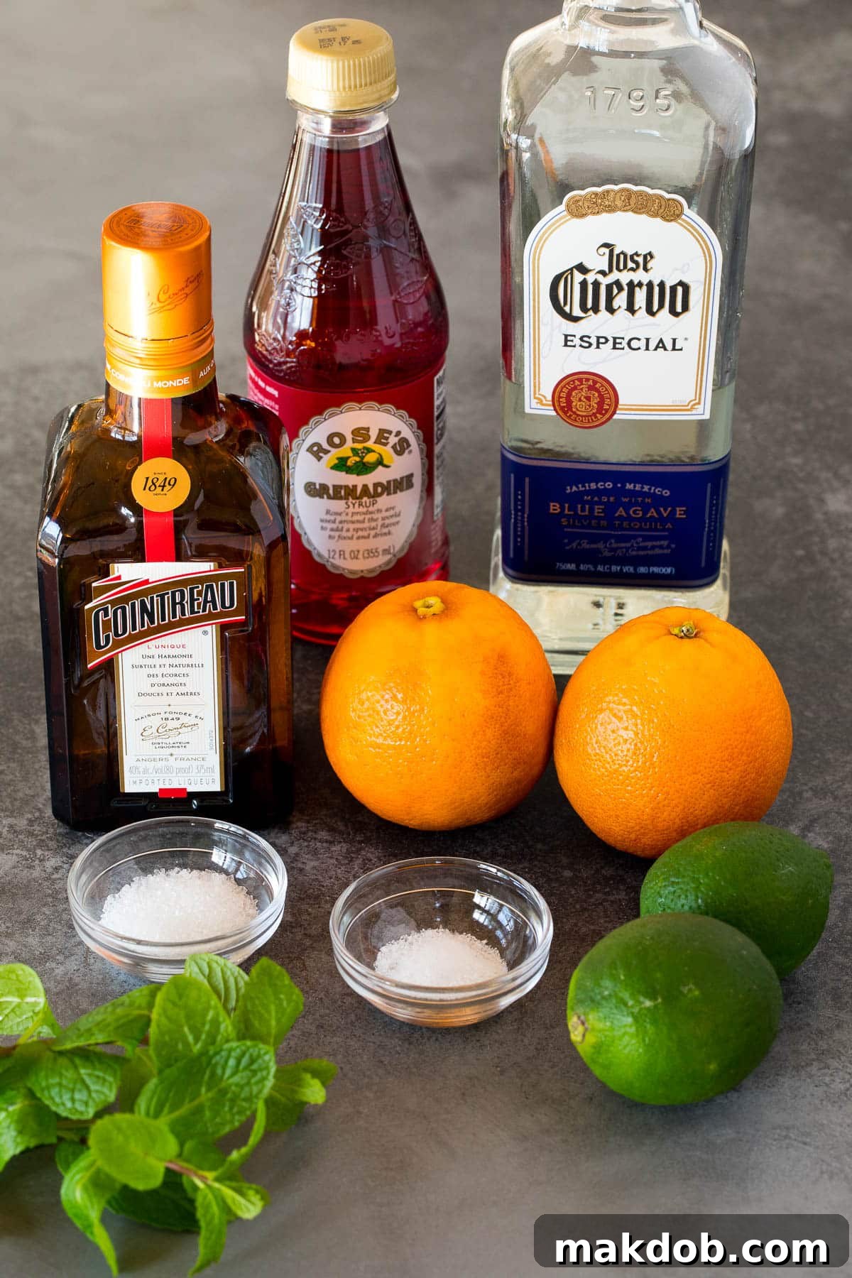 Ingredients including liquor, citrus, salt, sugar and mint.