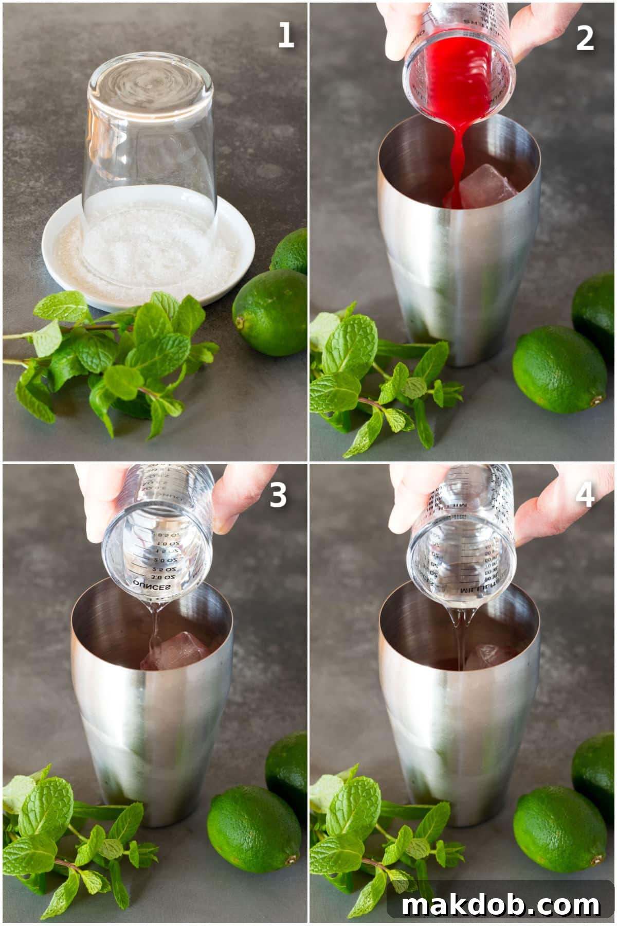 A glass being rimmed with sugar, and a cocktail shaker with juice and liquor being poured in.