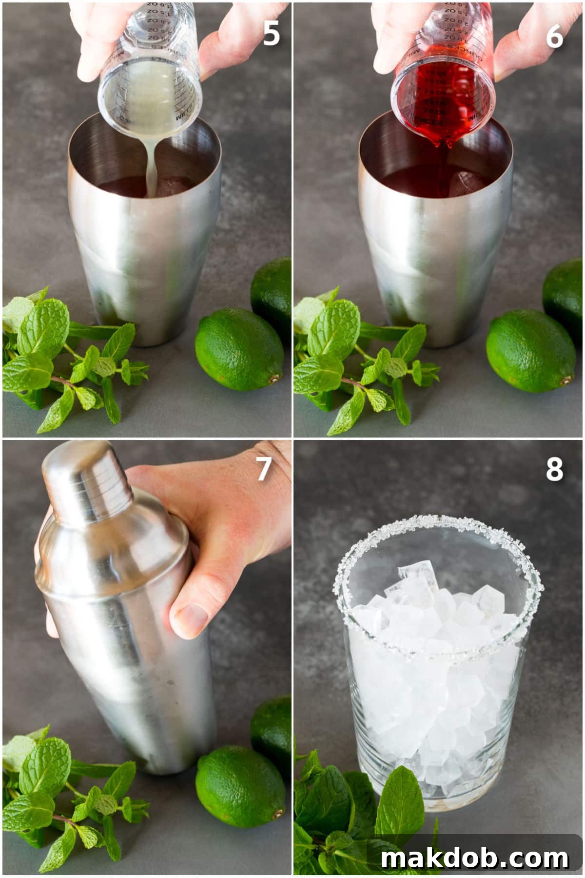 Lime juice and grenadine being poured into a cocktail shaker, and a cup of ice.
