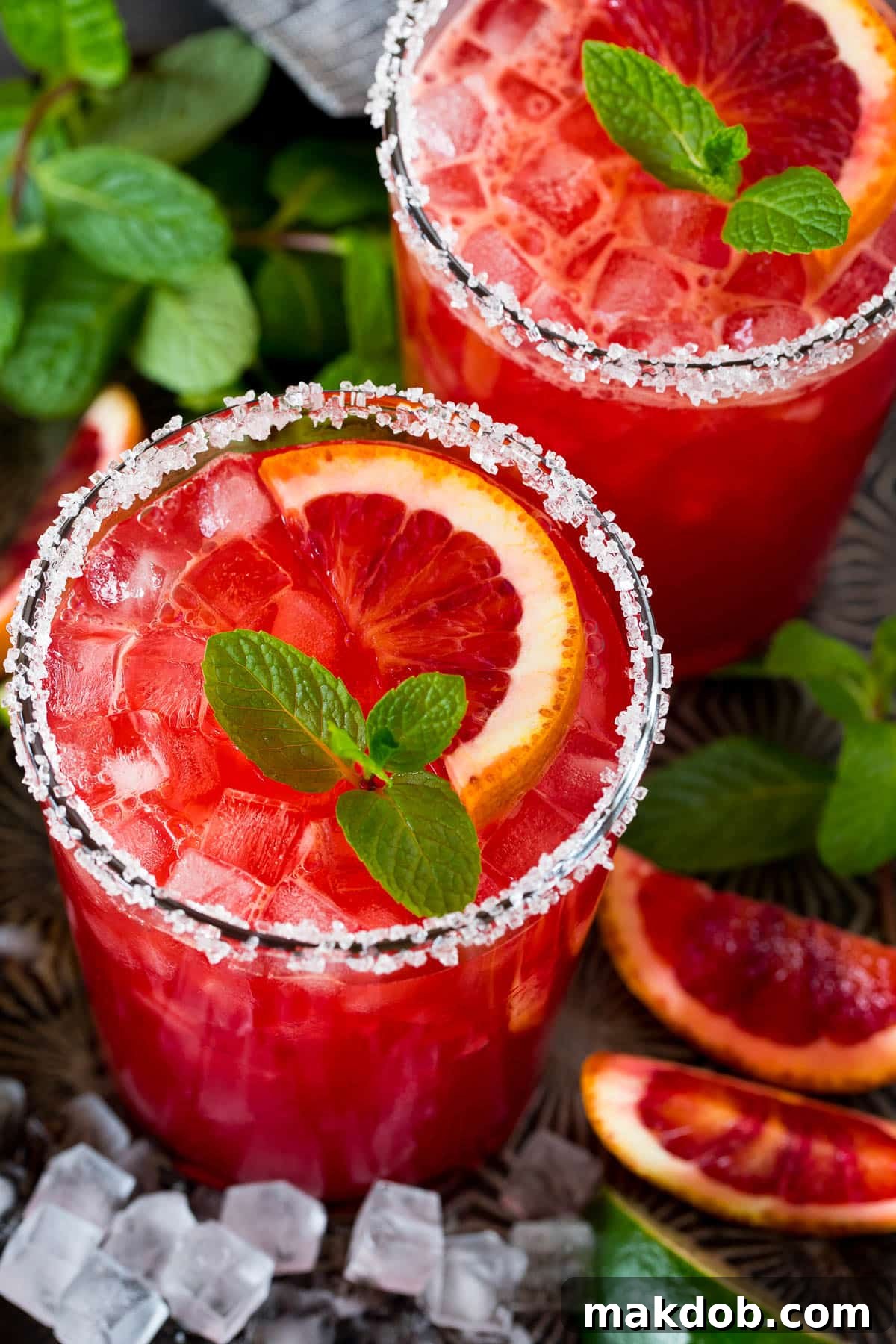 An overhead view of a blood orange margarita with garnishes of orange slices and mint.