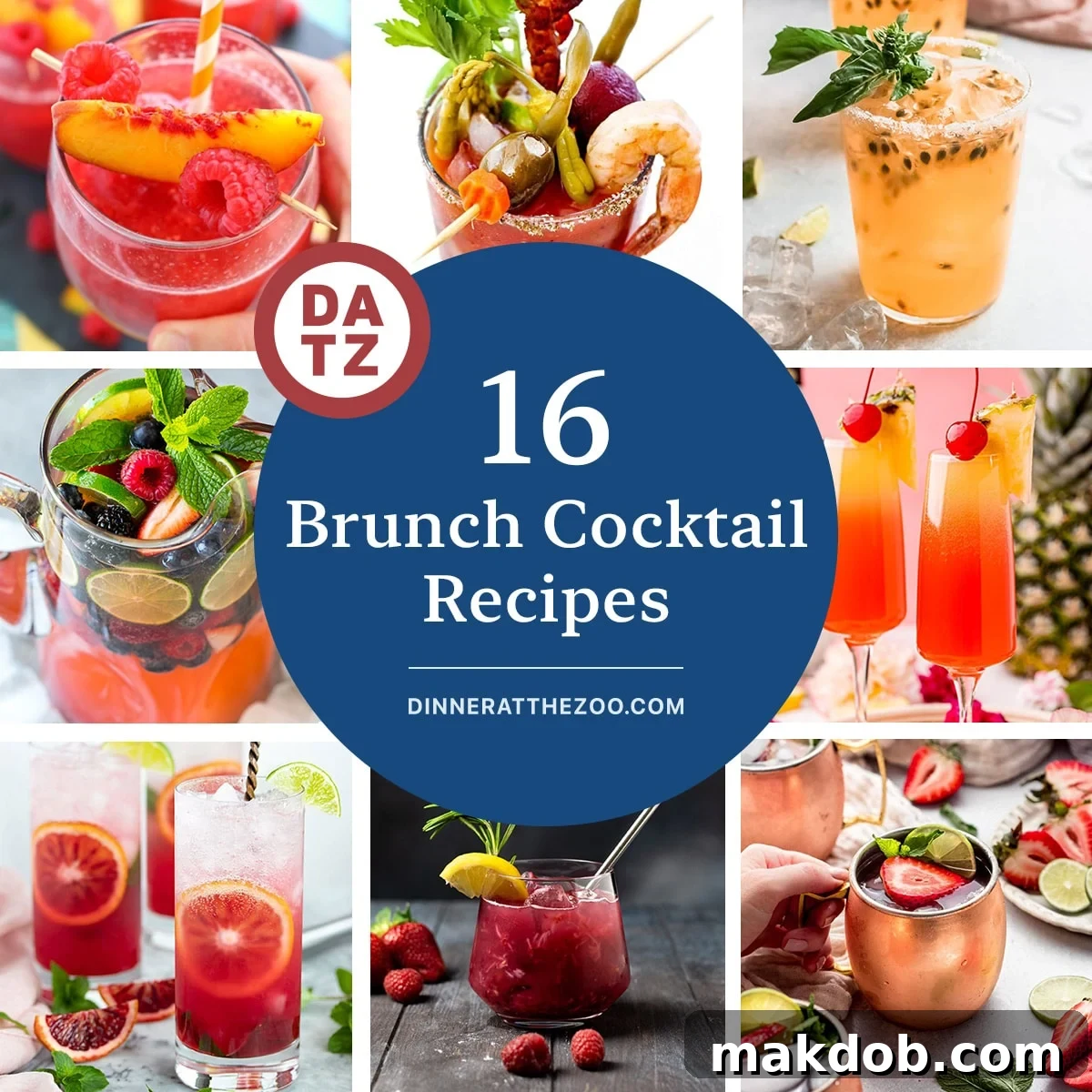 A collection of vibrant brunch cocktail recipes, including a Blood Orange Mojito, a Raspberry Peach Bellini, and a Hawaiian Mimosa, arranged invitingly on a table.