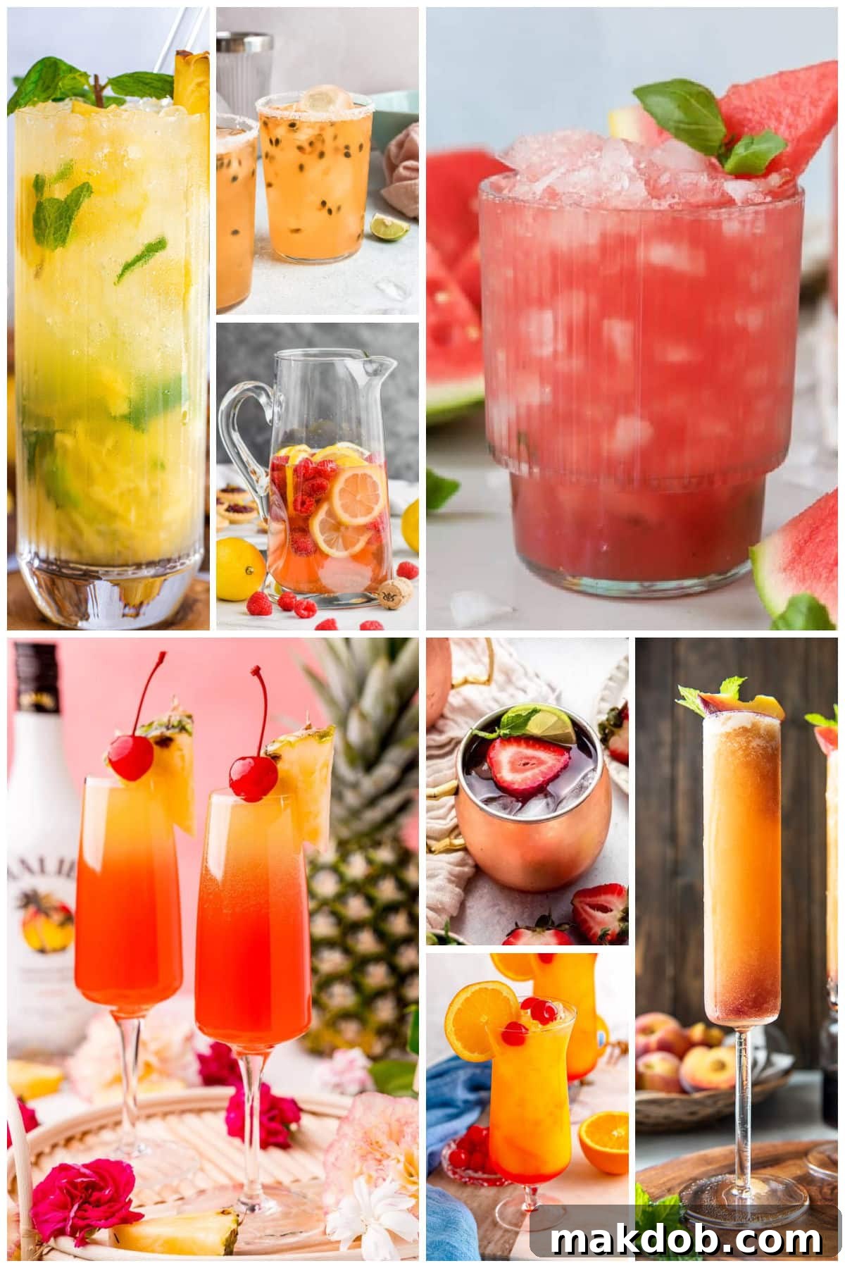 A vibrant group of festive drinks, including a refreshing Watermelon Basil Cocktail, a tropical Hawaiian Mimosa, and a sophisticated Sparkling Rose Sangria.