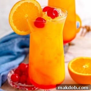 A picture of a vibrant Tequila Sunrise cocktail in a tall glass, showing its beautiful gradient layers.