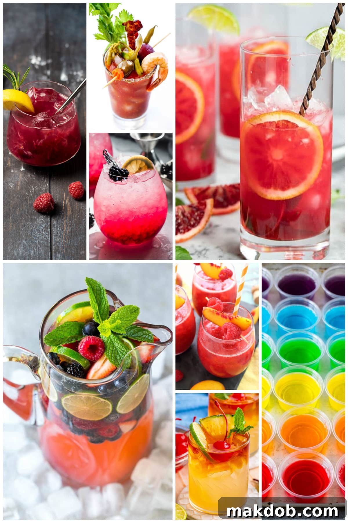 Several images of diverse brunch cocktails, including a festive Champagne Punch, colorful Jello Shots, and an elegant Bramble Cocktail, showcasing a variety of options.