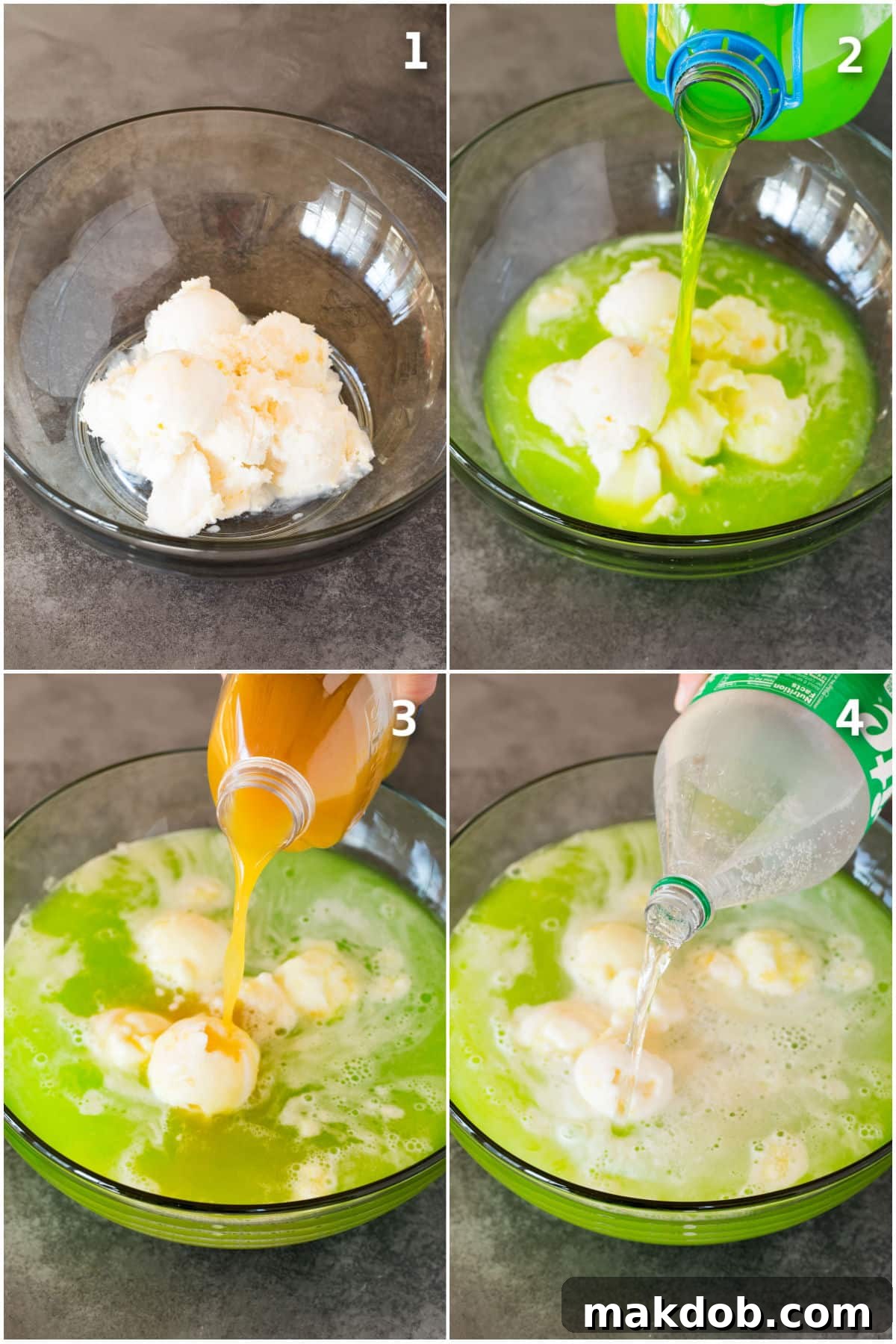 Festive Grinch Punch 4 Sherbet, Hawaiian Punch, pineapple juice, and lemon lime soda being poured and stirred in a large punch bowl.
