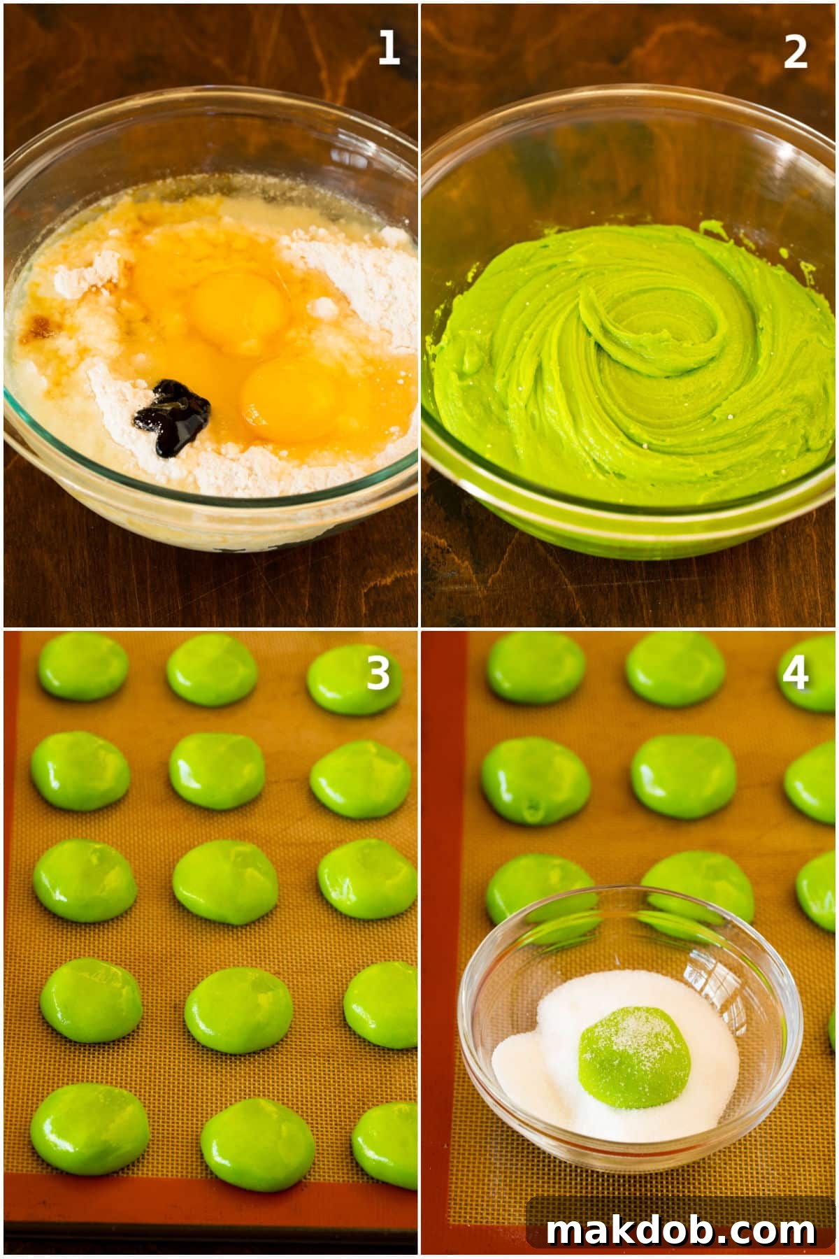 Merry Grinchmas Cookies 4 A visual guide showing the process of making Grinch cookies: mixing dough, rolling into balls, and coating in sugar.