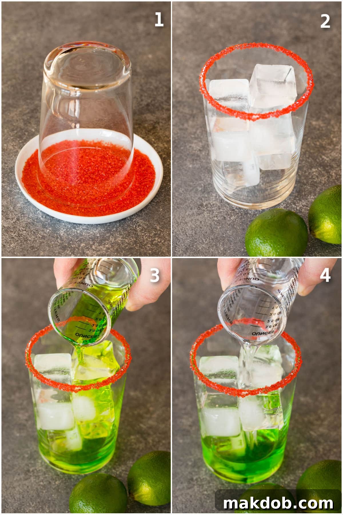 Stolen Holiday Spirit 4 A glass with the rim coated in sugar and liquors being poured in.