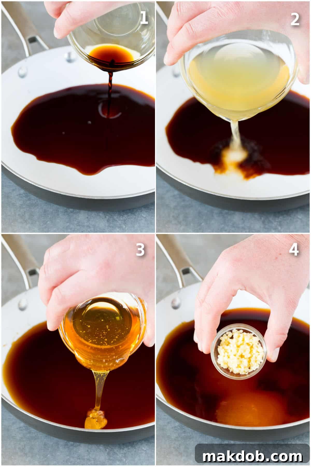 Soy sauce, chicken broth, honey, and minced garlic being poured into a pan, showcasing the initial steps of making homemade stir fry sauce.