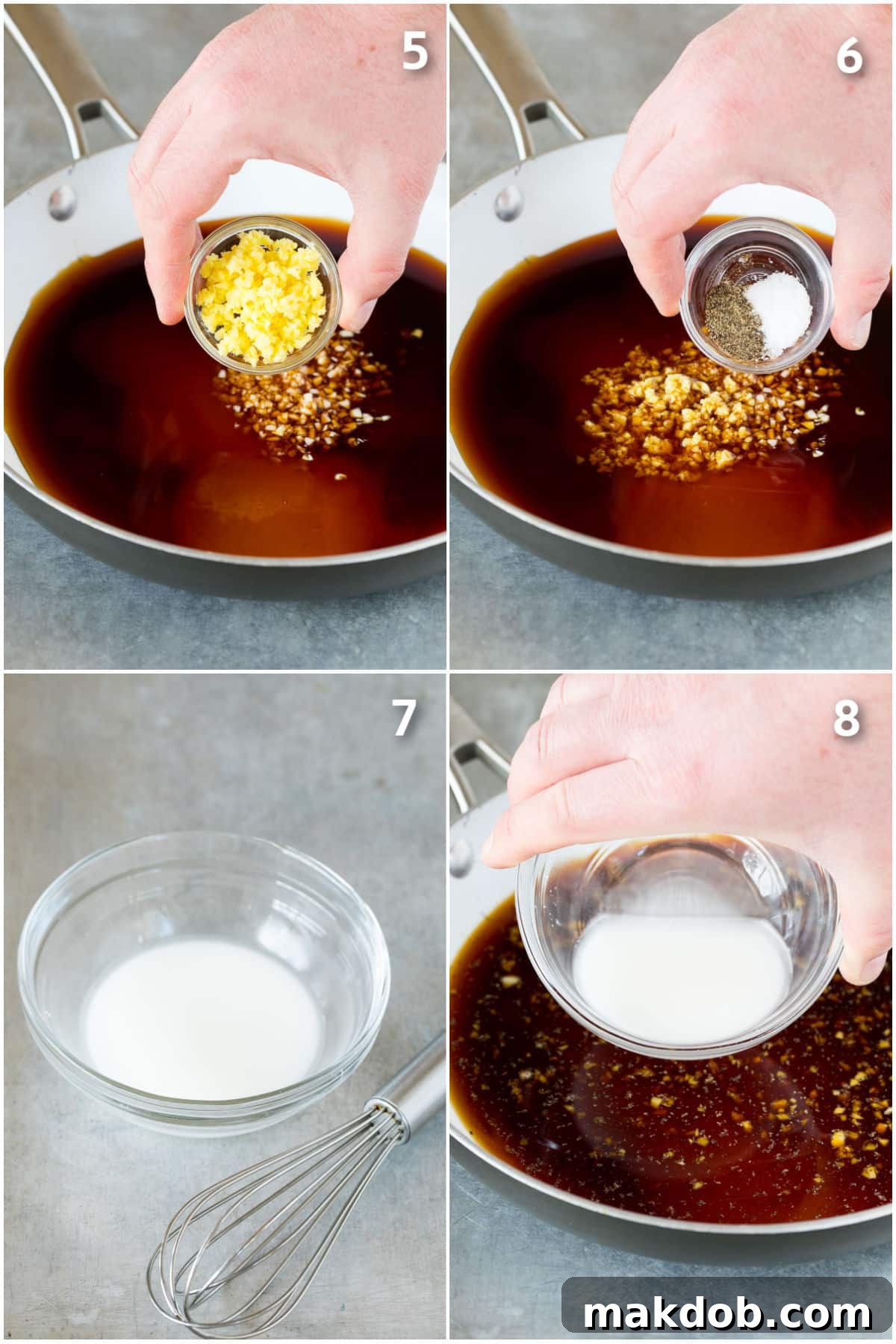 Fresh ginger, salt, pepper, and cornstarch being carefully added to a simmering pan of stir-fry sauce, illustrating the final steps of preparation.