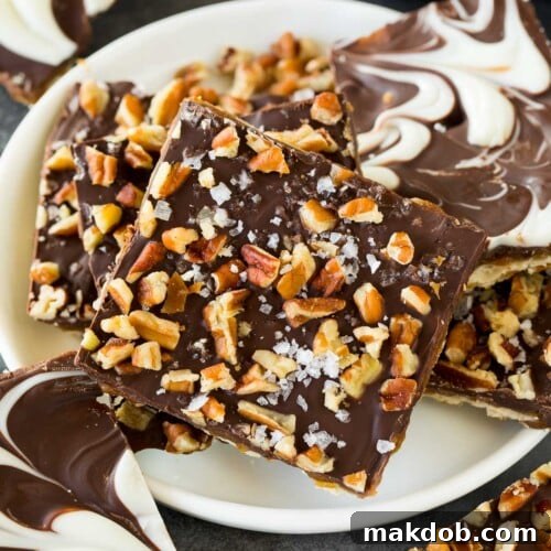 Matzo Toffee Brittle Bliss 7 A plate of two different flavors of matzo crack.
