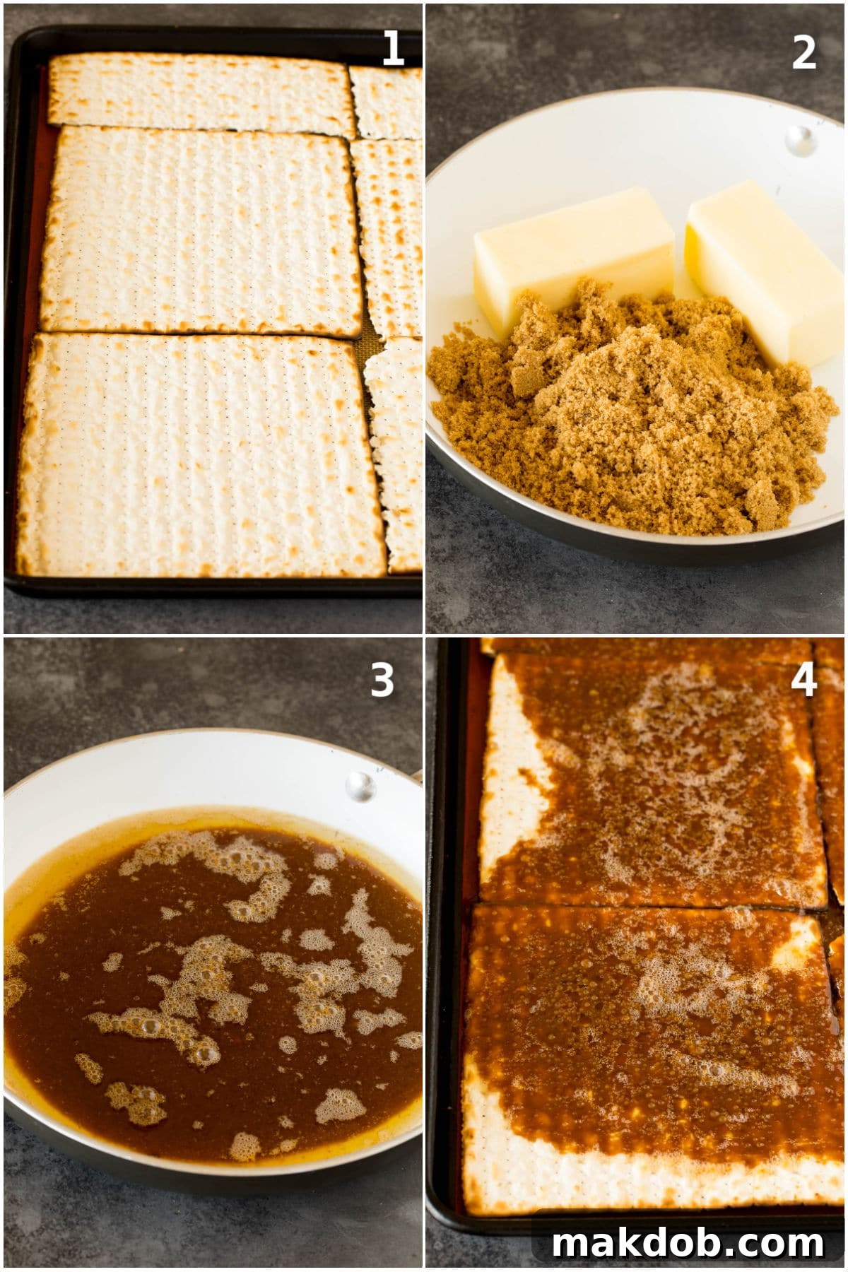 Matzo Toffee Brittle Bliss 4 Sheets of matzo crackers arranged on a baking sheet, with the warm brown sugar toffee mixture being spread evenly over them.