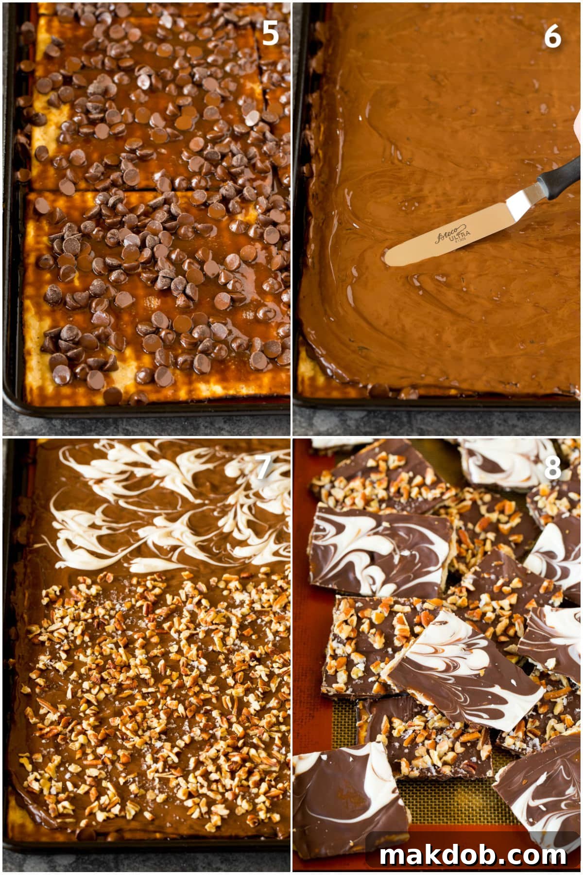 Matzo Toffee Brittle Bliss 5 Melted chocolate being spread over cracker toffee, with various toppings like pecans and sea salt being added to finish the matzo crack.