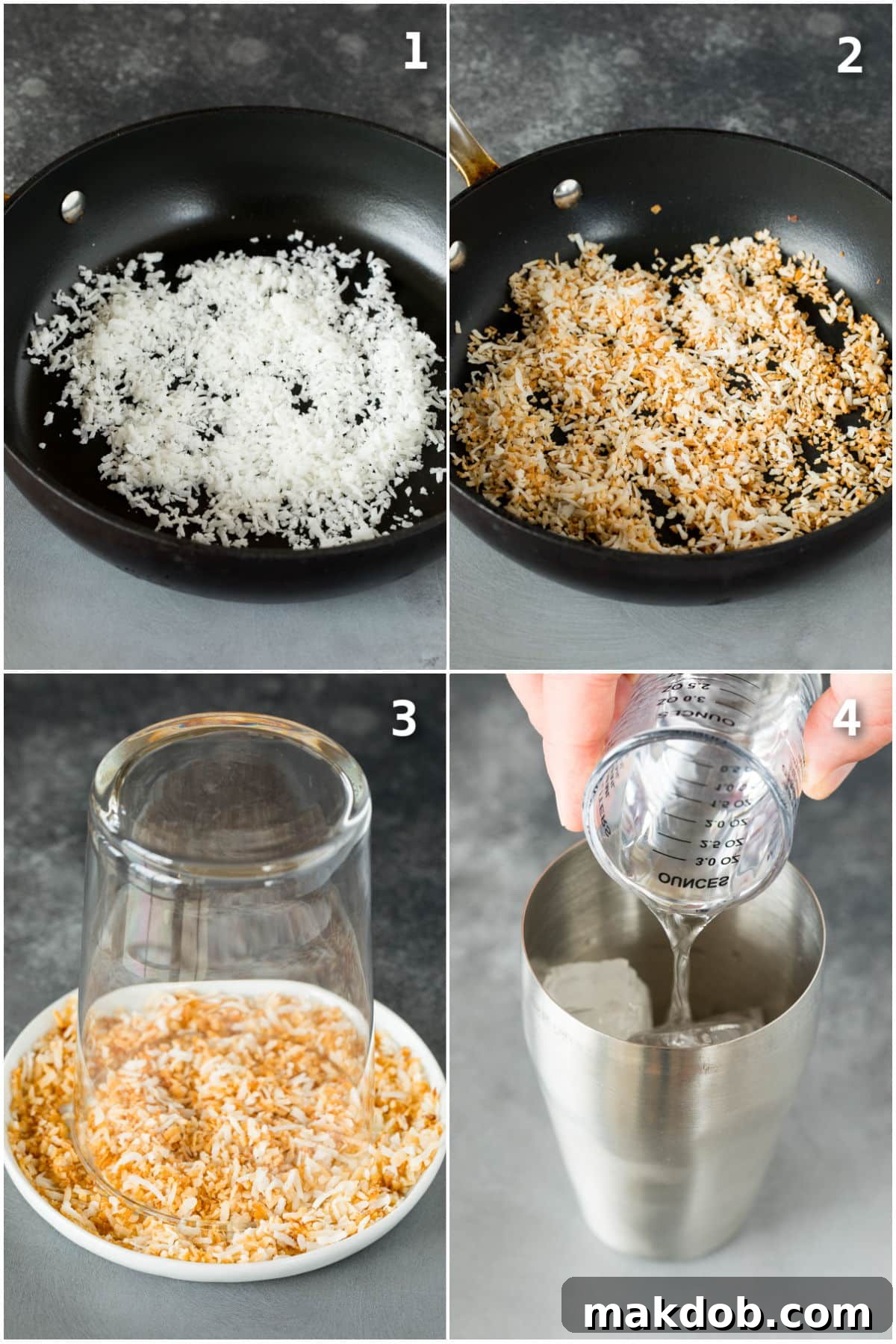 Paradise Coconut Margarita 4 A collage showing the process of making a coconut margarita, from toasting coconut flakes in a pan to carefully dipping a glass rim into the golden-brown coconut.