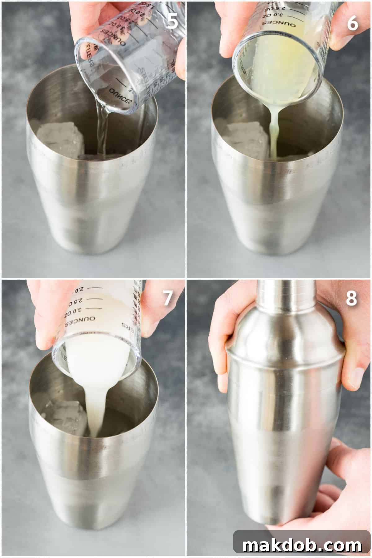 A dynamic shot showing triple sec, fresh lime juice, and sweet cream of coconut being poured into a cocktail shaker filled with ice, illustrating the mixing process.