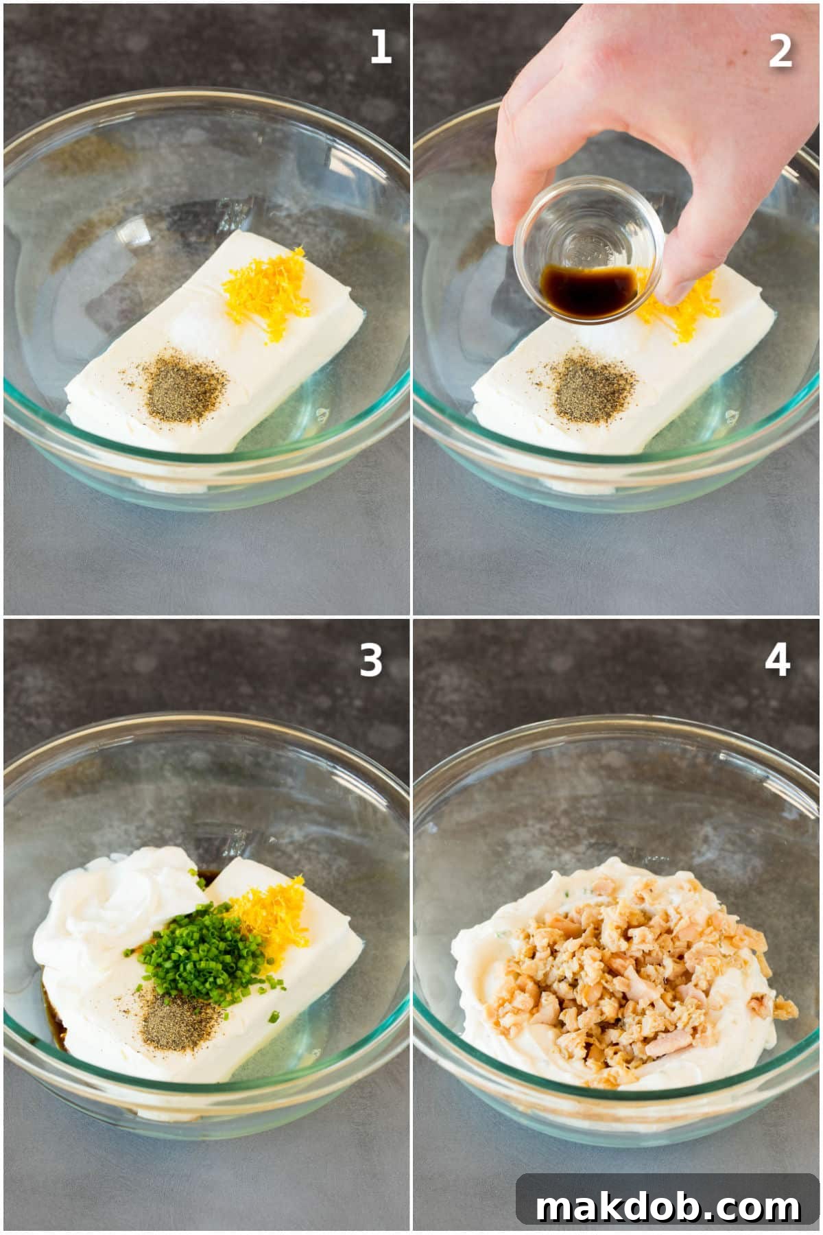 A visual progression of ingredients being combined in a mixing bowl, showcasing the ease of preparing this creamy clam dip.