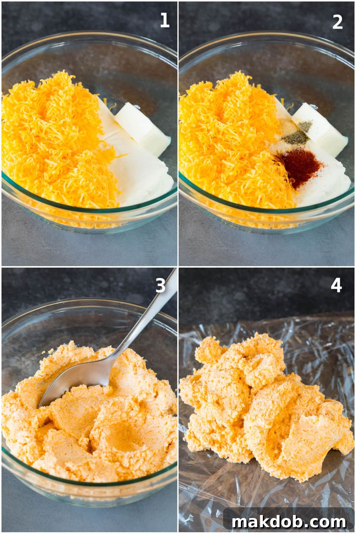Pumpkin Spice Cheeseball 4 Cheeses and spices being mixed together in a glass bowl.