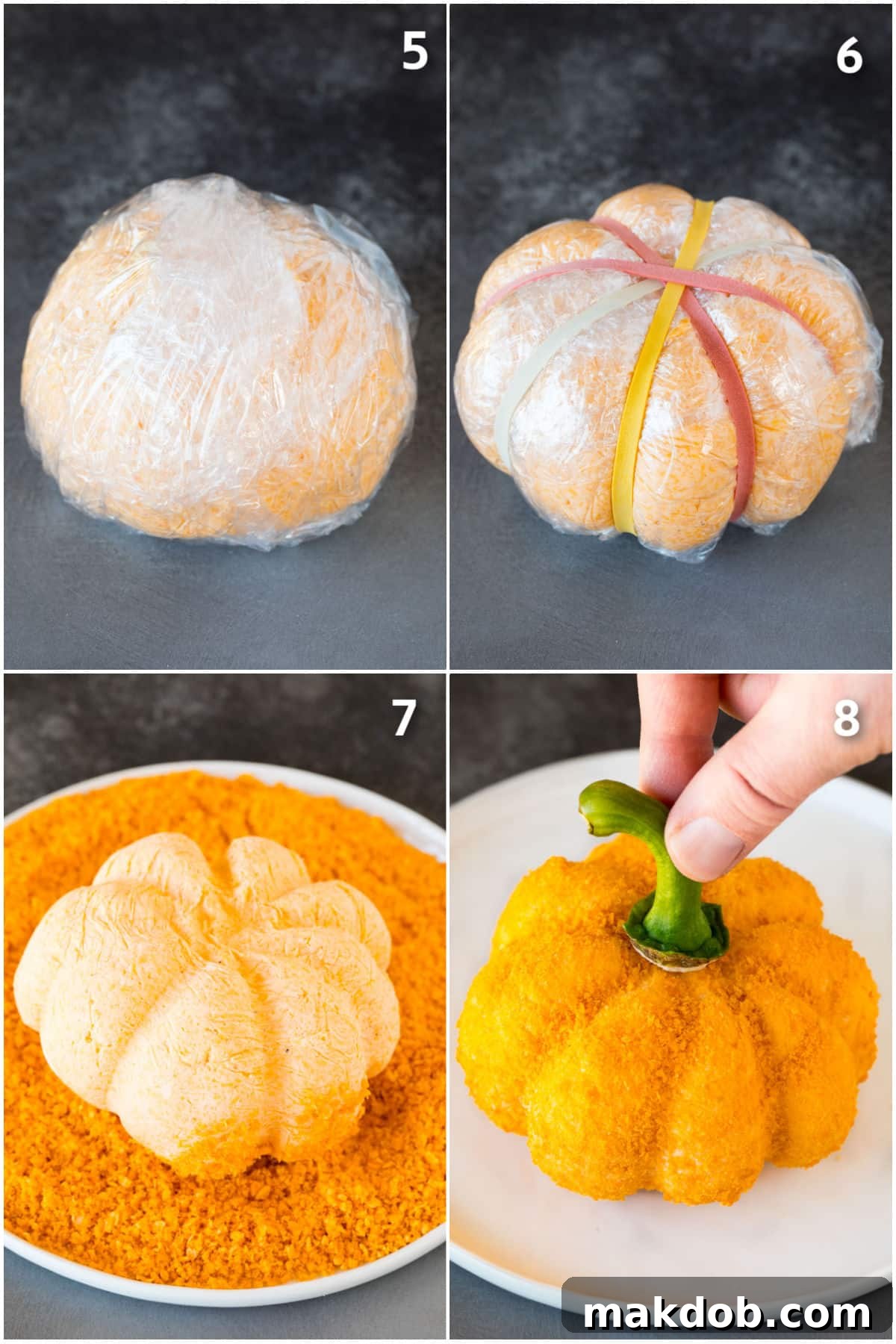 Pumpkin Spice Cheeseball 5 A cheese ball wrapped in plastic and rubber bands, then coated in cracker crumbs.