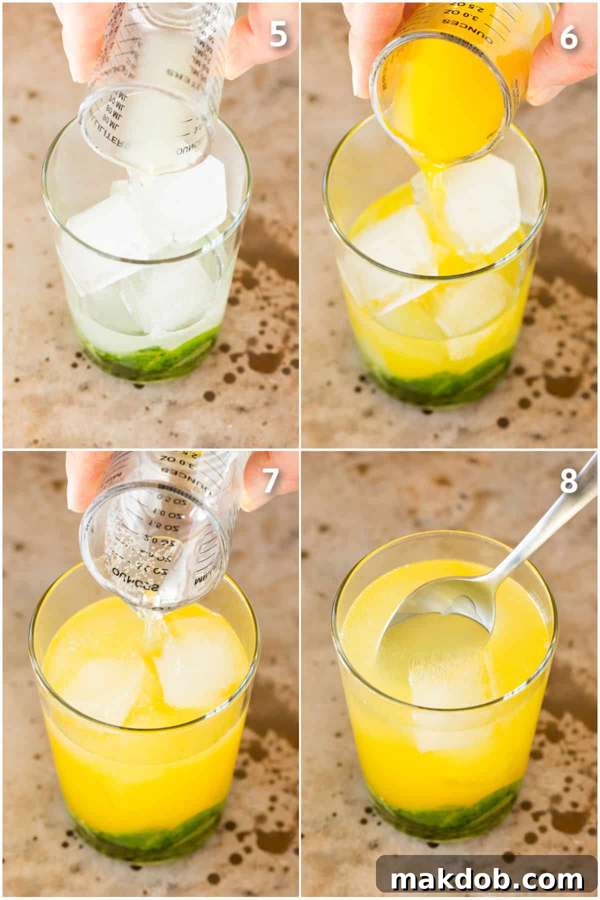 The final step of making a mango mojito: pouring lime juice, mango nectar, and club soda into a glass filled with muddled mint and ice.