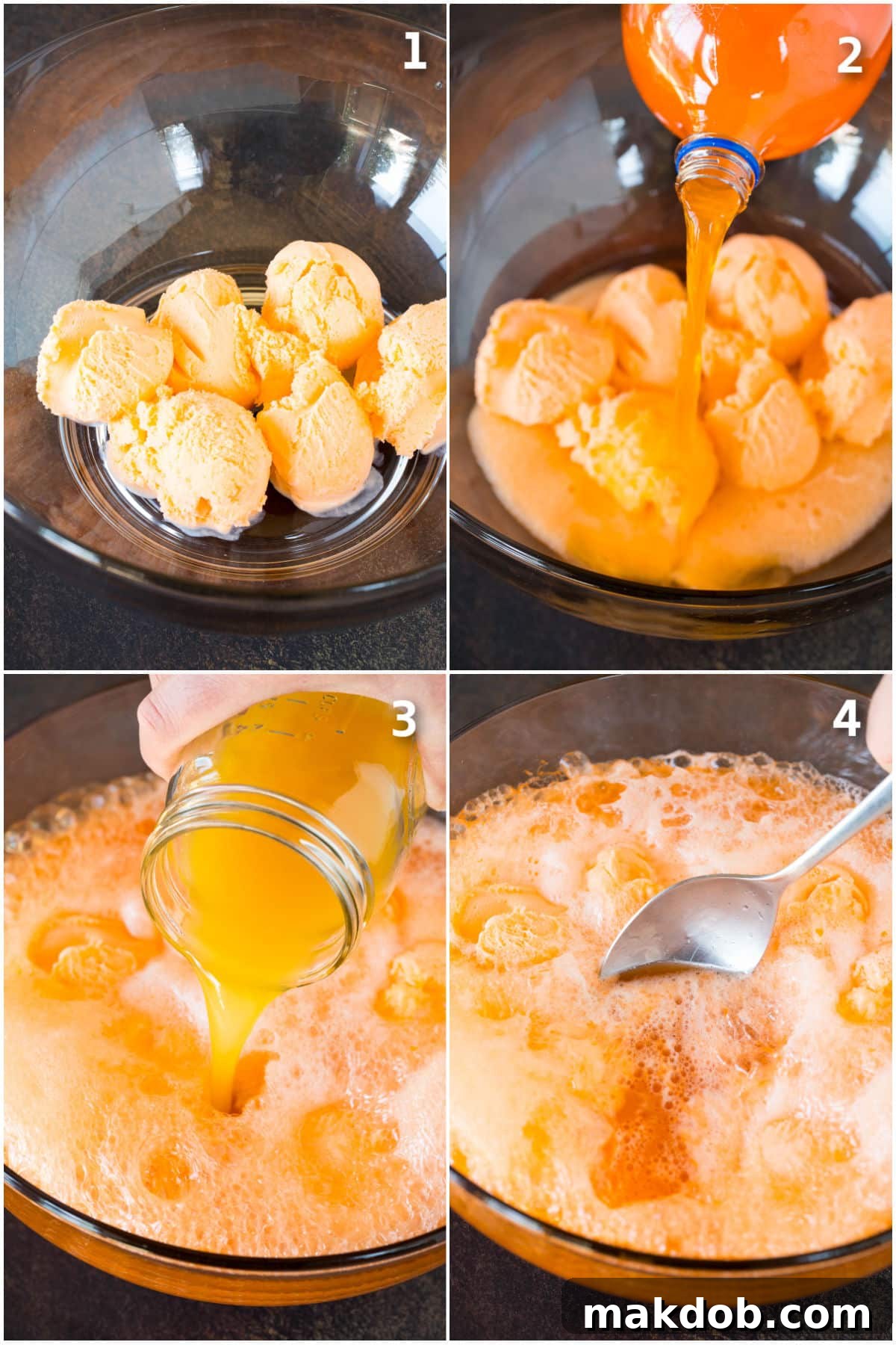 Enchanted Concoction 4 Orange sherbet in a bowl with orange soda and pineapple juice being poured in.