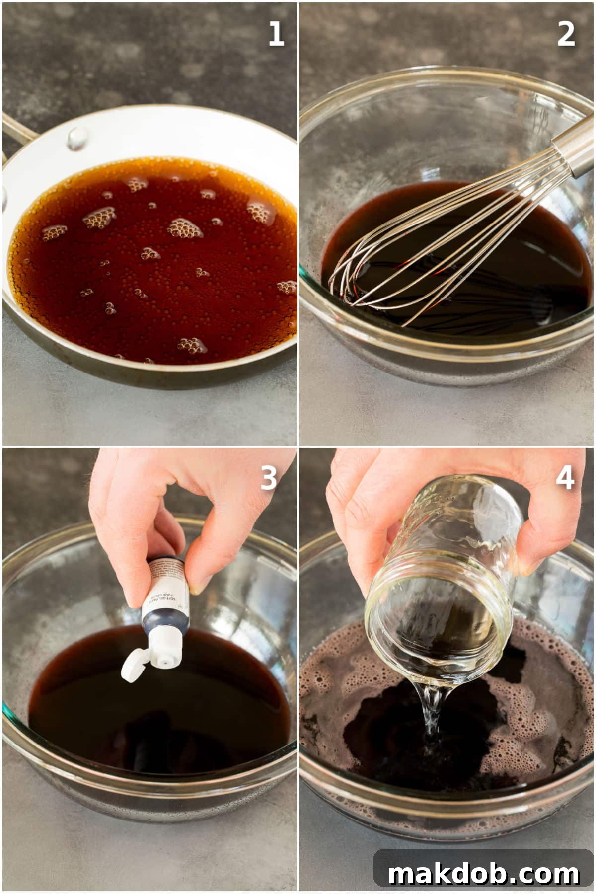 Close-up of cherry coke and black cherry Jello being mixed together in a bowl, preparing the black layer.