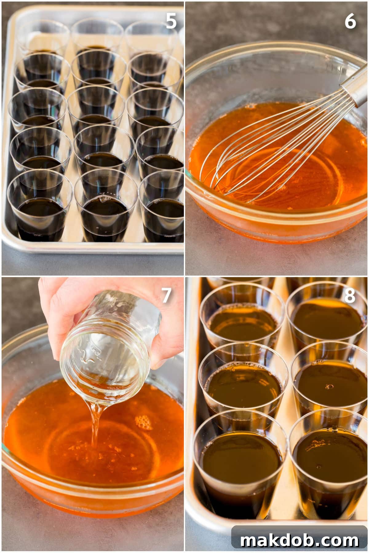 Orange gelatin mixture being carefully poured over the set black gelatin layer in small cups.