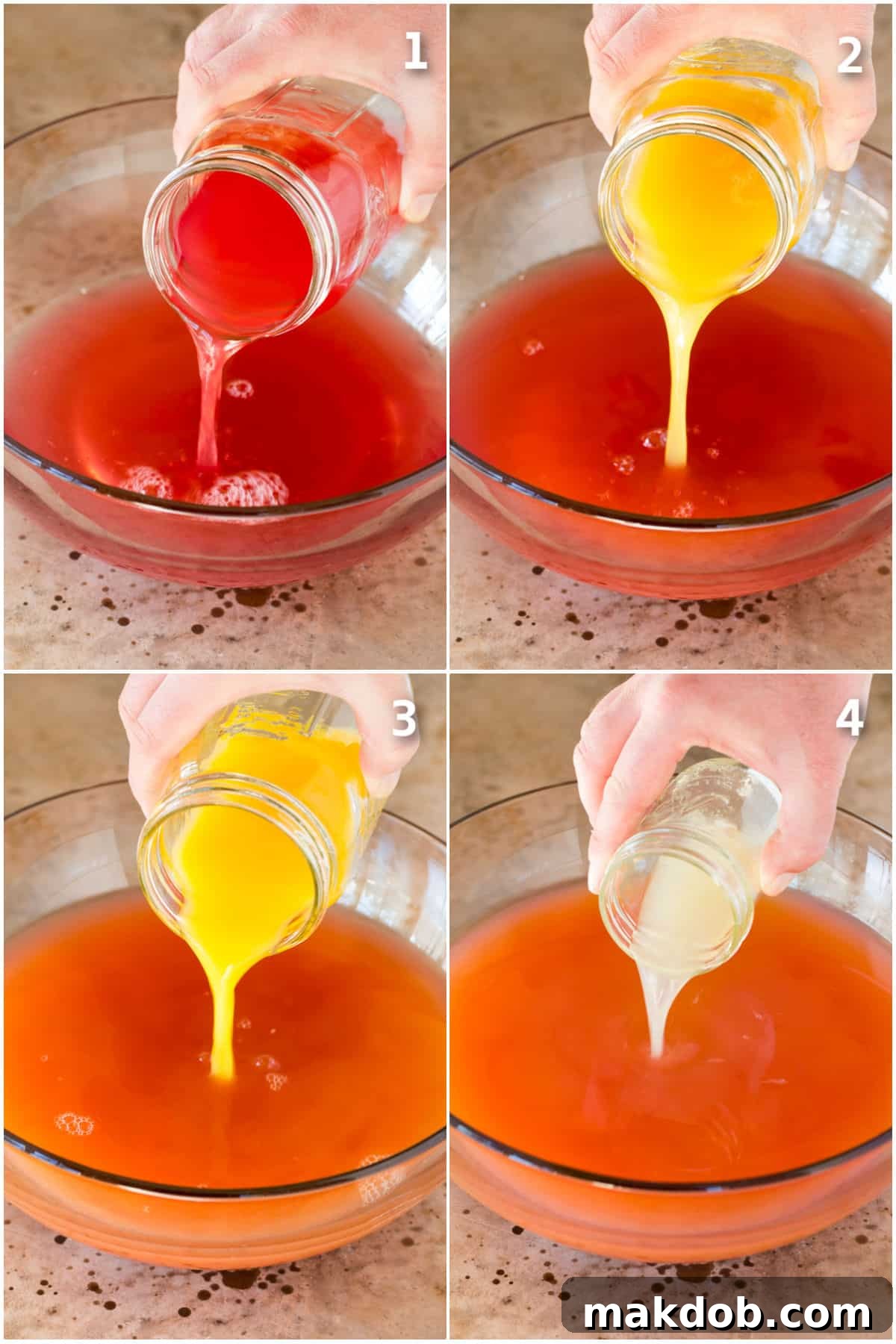 Juices being poured into a punch bowl.