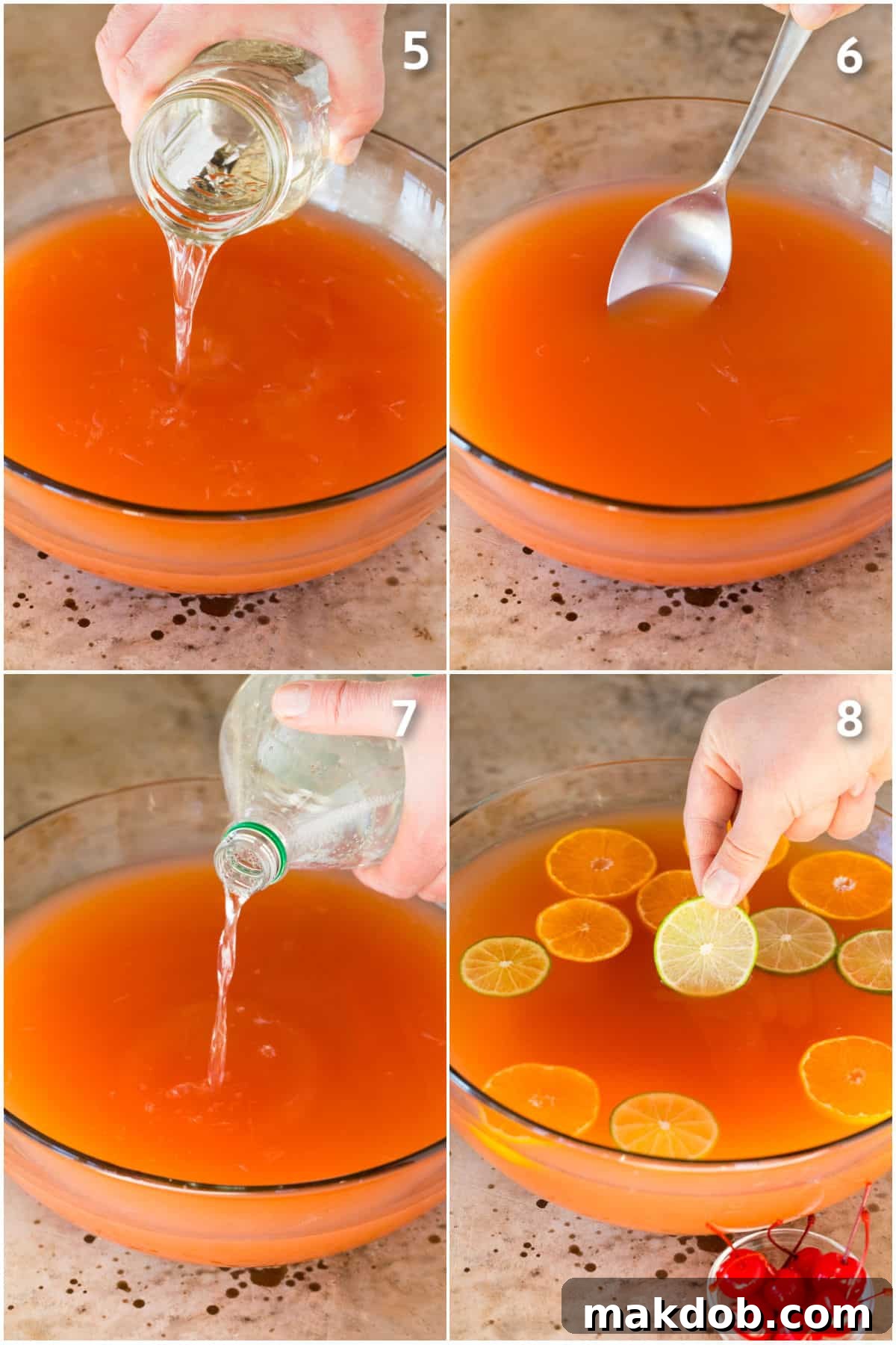 Soda poured into a bowl of liquid, a spoon stirring the drink and a hand putting garnishes into the bowl.