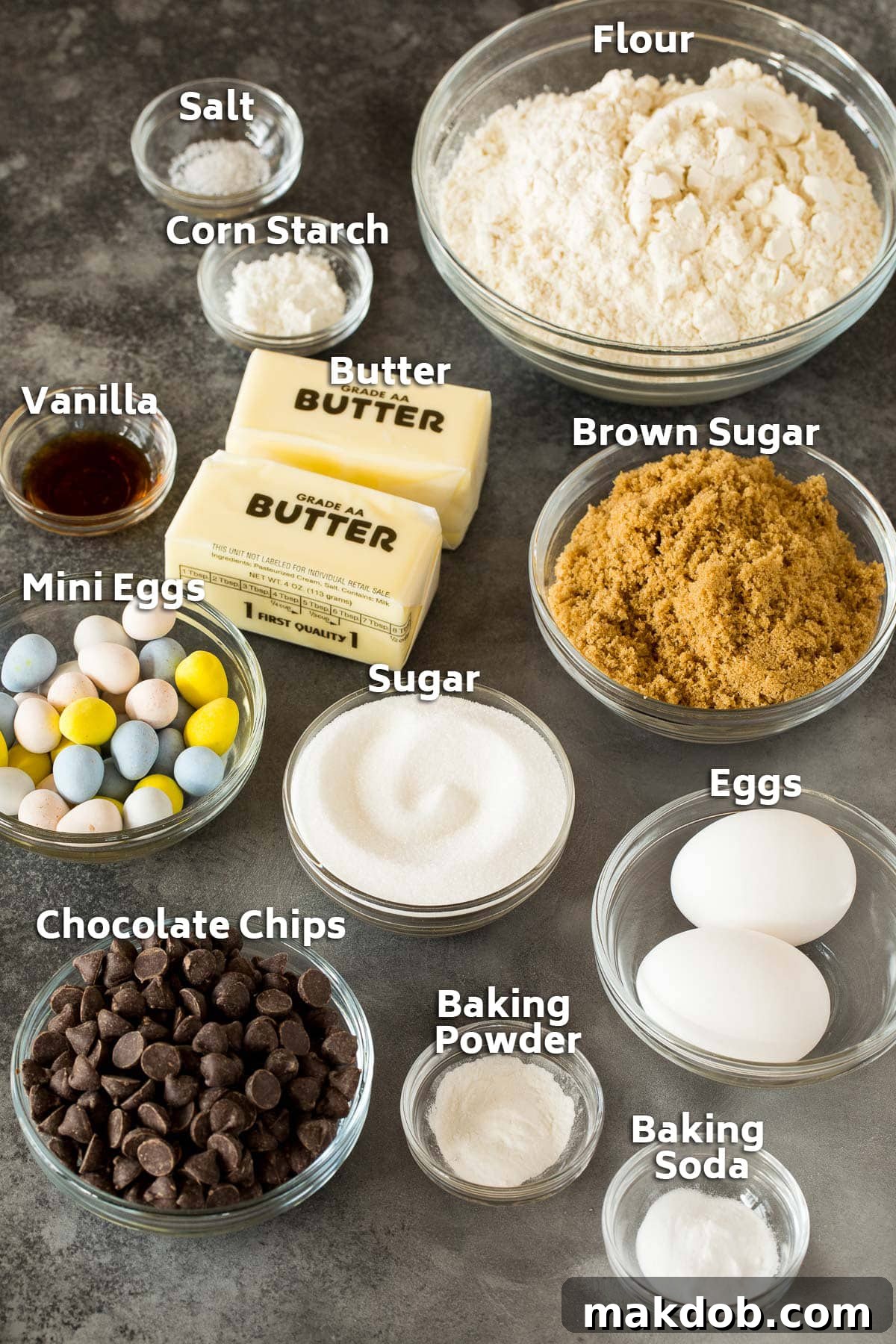Ingredients including butter, flour, sugar, brown sugar, eggs and chocolate.
