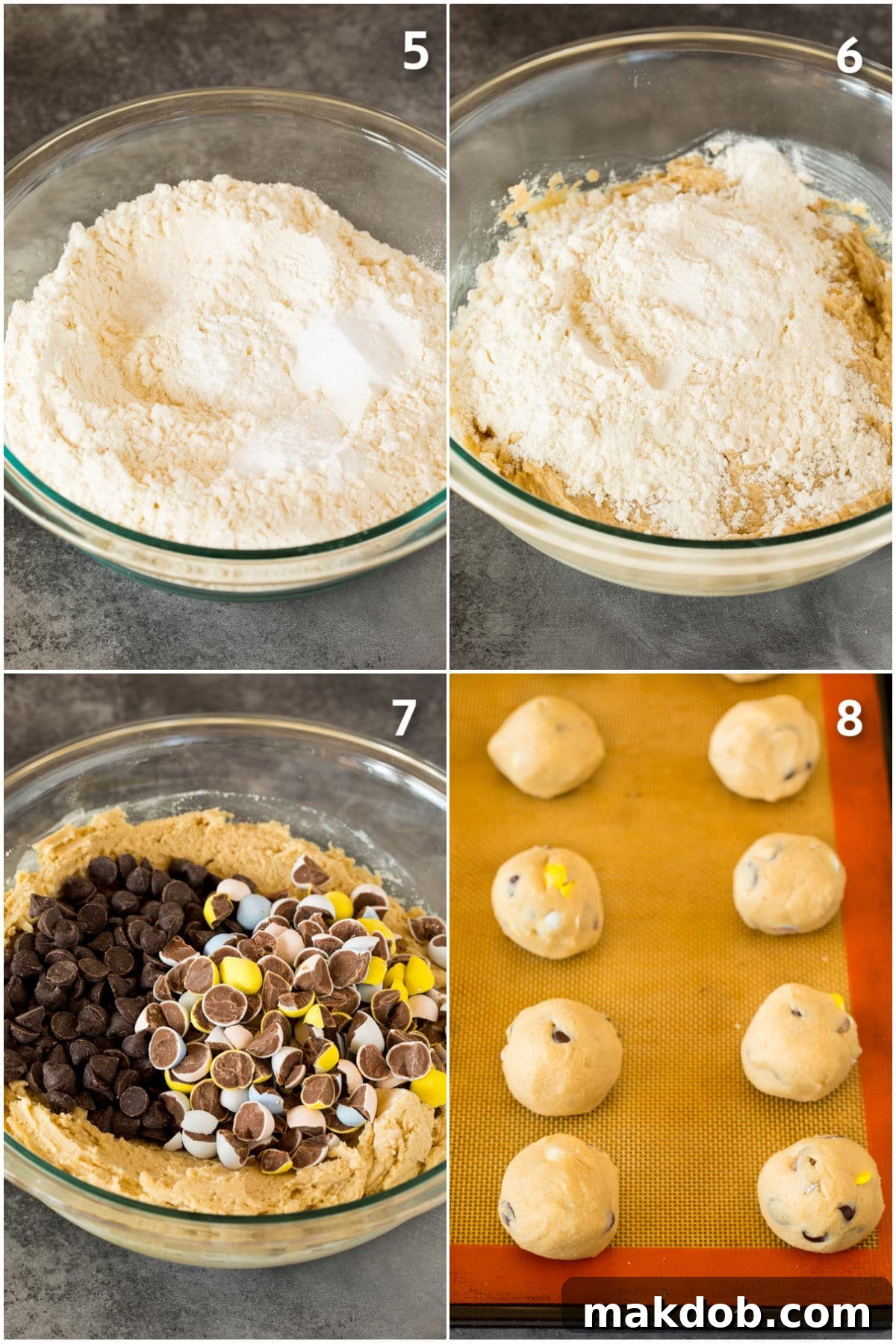 Various dry ingredients being added to a bowl of cookie dough.