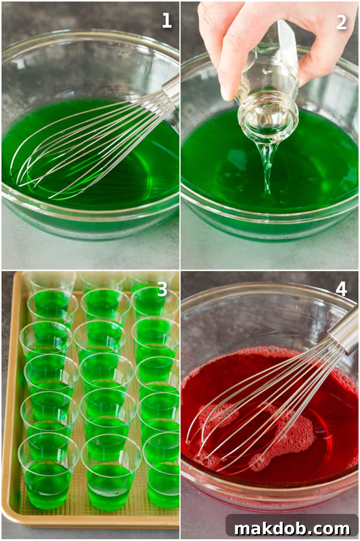 Collage showing the process of making the green Jello layer: dissolving gelatin, mixing with vodka, and carefully pouring into shot cups.
