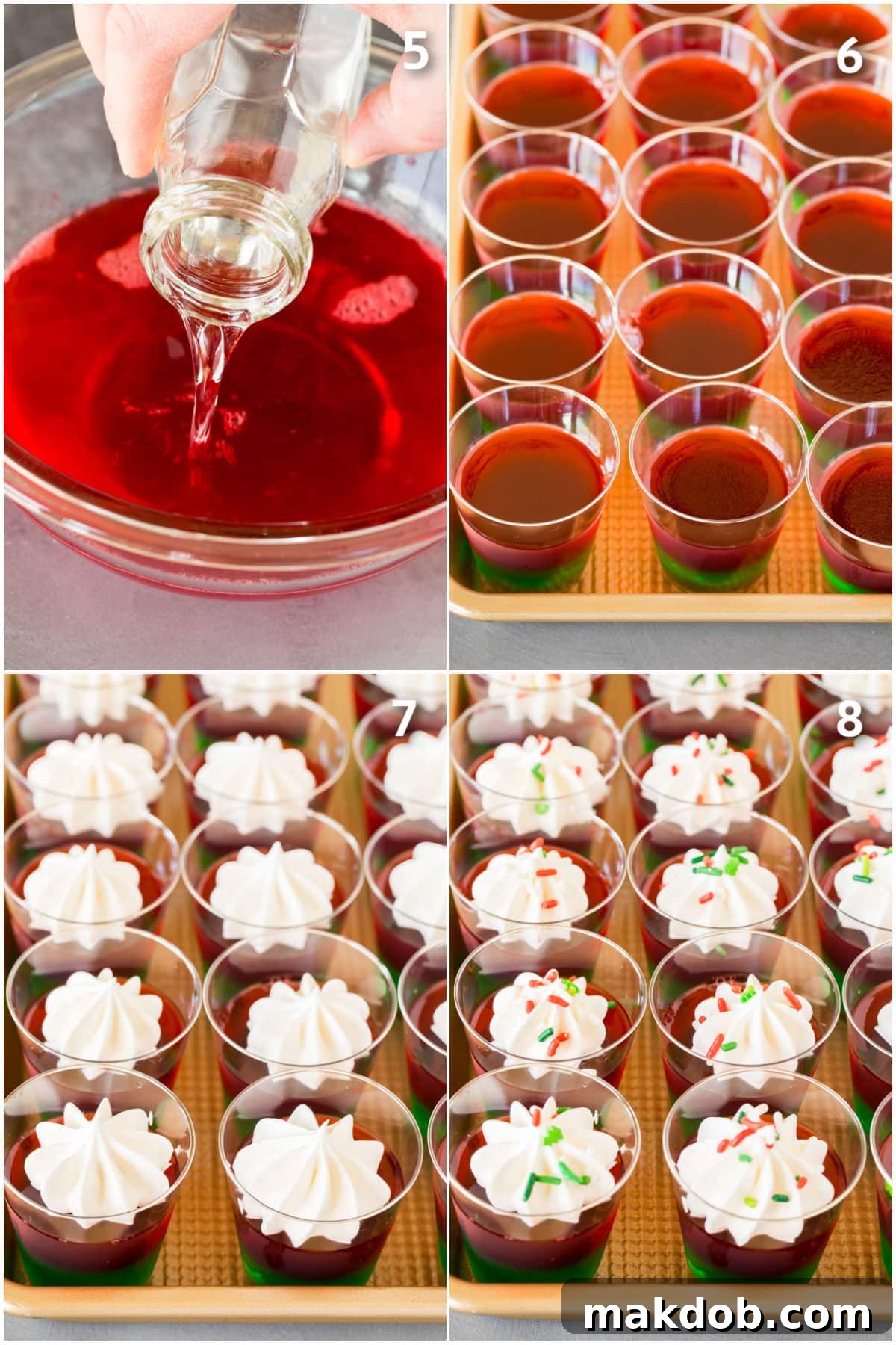 A collage demonstrating the second phase of making Jello shots: pouring the red gelatin layer over the green, and then finished shots topped with whipped cream and sprinkles.