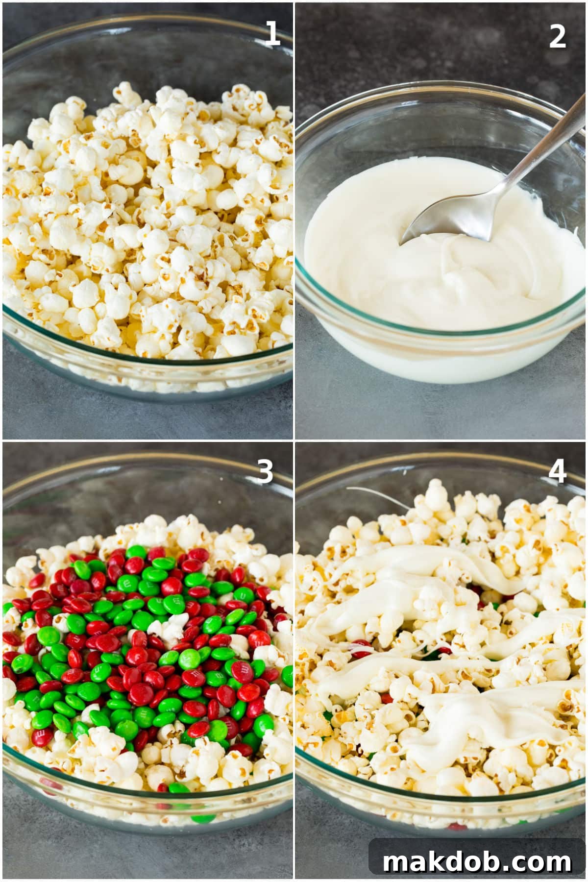 Sparkling Holiday Popcorn 4 A collage showing the process of making Christmas popcorn: from popcorn and M&M's coated in white chocolate to the final step of drizzling dark chocolate and adding sprinkles.