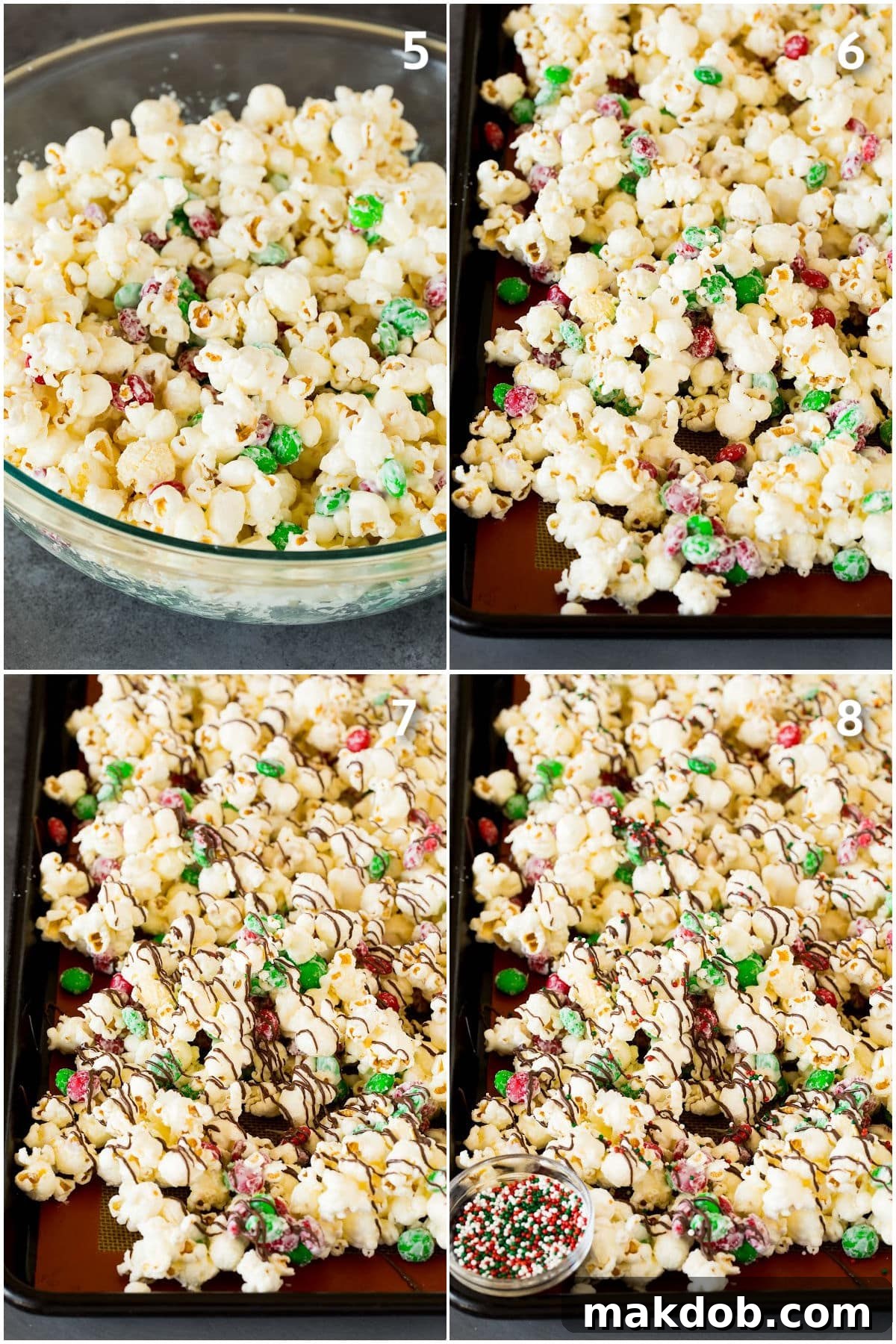 Sparkling Holiday Popcorn 5 Close-up of white chocolate-coated popcorn on a sheet pan, artfully topped with dark chocolate drizzles and colorful sprinkles, ready to set.