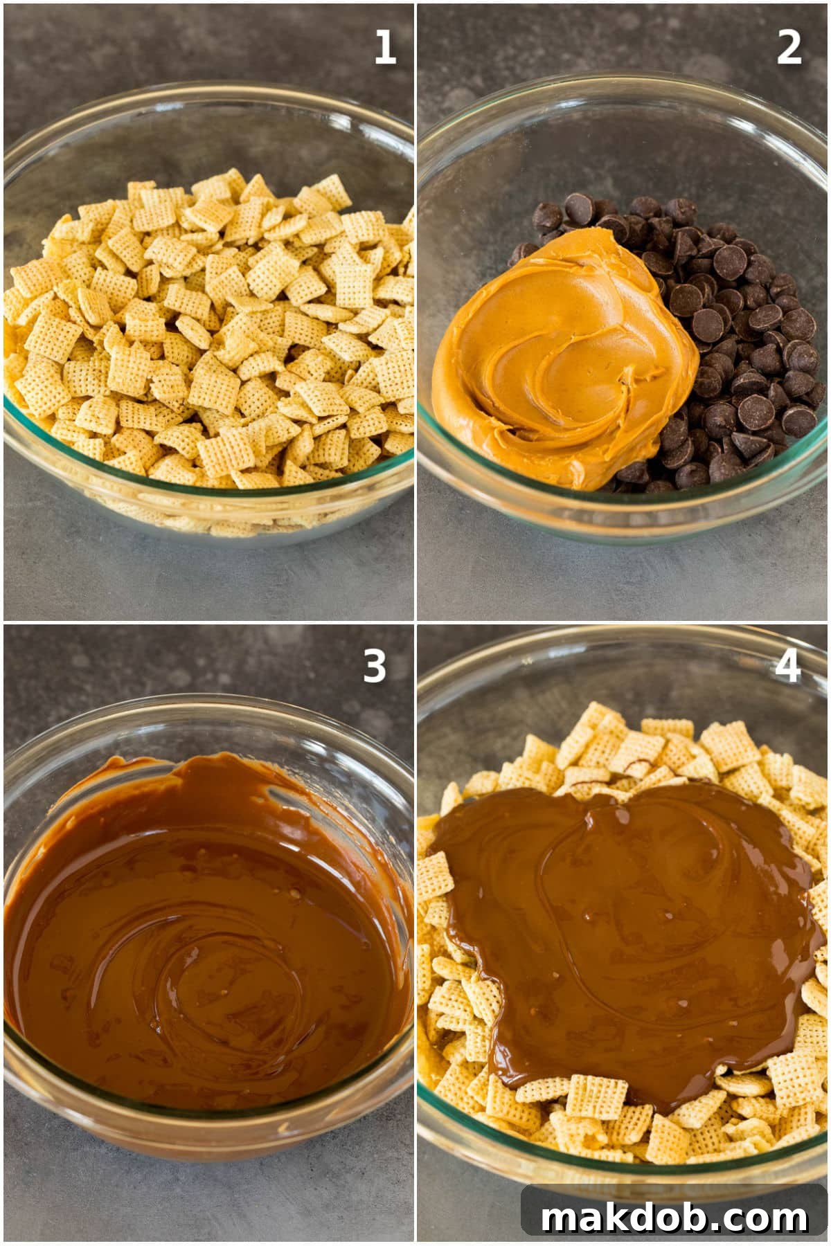 A collage showing the process of making Christmas puppy chow, including melted chocolate and peanut butter being poured over Rice Chex cereal.