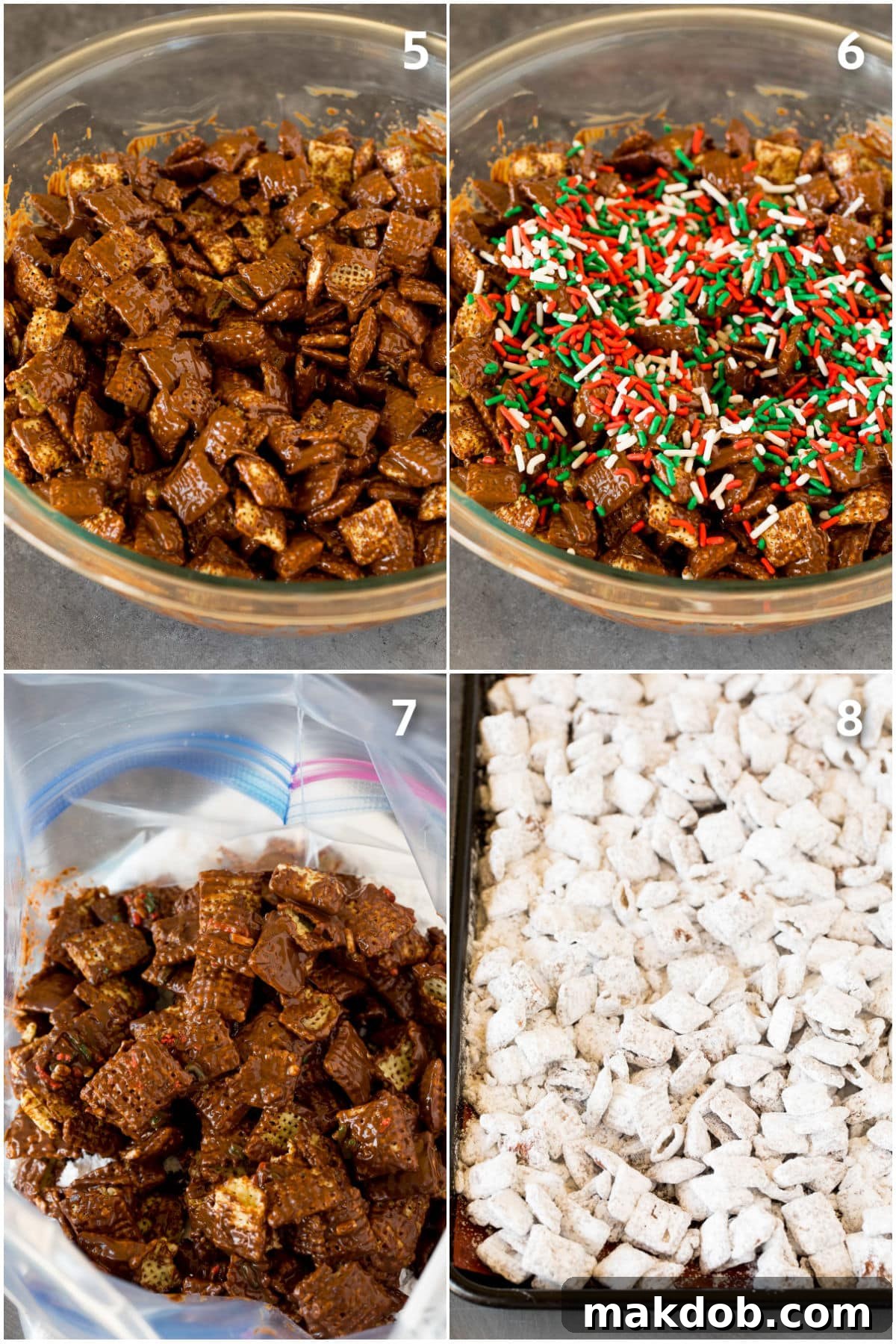Chex cereal perfectly coated in melted chocolate, then covered in a generous layer of powdered sugar, drying on parchment paper.